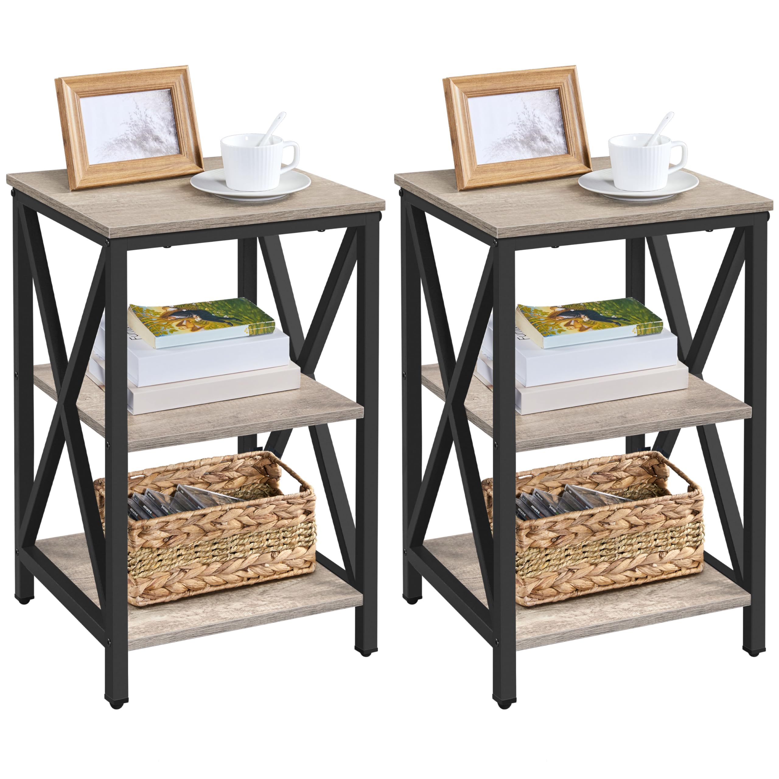 Yaheetech 2-Pack Industrial End Tables with 3-Tier Storage Shelves - Sturdy Metal Frame X-Design Side Tables for Living Room, Bedroom or Office - Easy Assembly, 16x16x24.5 Inches, Gray - Perfect for Holding Lamps, Books, Plants and Living Room Decor