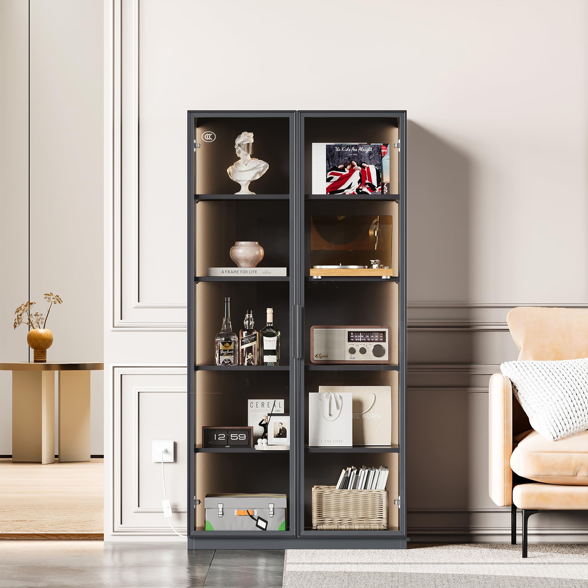 Glass Display Cabinet with LED Lights - 5-Shelf Dark Grey Curio Bookcase for Collectibles, Home Decor & Office Storage | Perfect for Living Room, Bedroom & Showroom Display