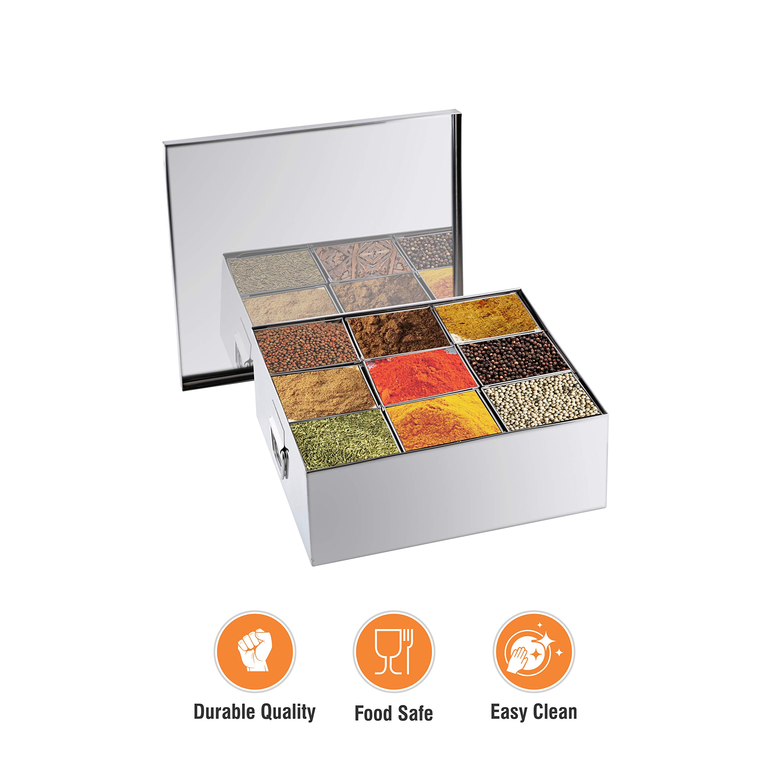 Premium Stainless Steel Masala Dabba - 9 Compartment Spice Box (96 oz, 19x19x6.5 Inches) for Indian Cooking | Airtight Containers for Fresh Spices | Perfect for Kitchens, Restaurants & Gifting