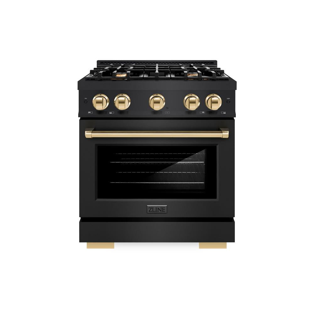 ZLINE Autograph Edition 30-inch 4.2 cu. ft. Gas Range with 4 Burner Cooktop & Convection Oven - Black Stainless Steel with Gold Accents | Professional Kitchen Appliance for Home Chefs & Cooking Enthusiasts