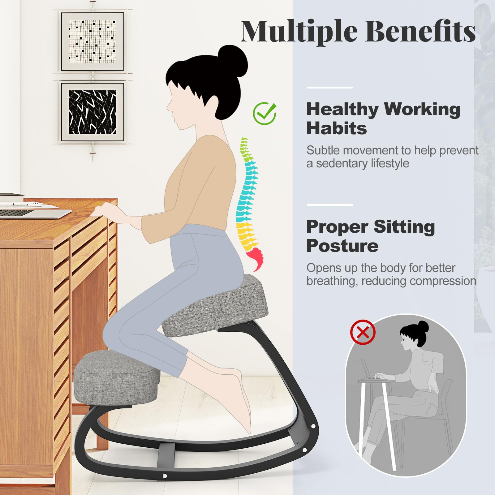 Giantex Ergonomic Kneeling Chair with Padded Cushion - Adjustable Rocking Posture Chair for Back & Neck Pain Relief - Wooden Kneeling Desk Chair for Home Office, Meditation & Yoga - Perfect for Working, Studying & Relaxing
