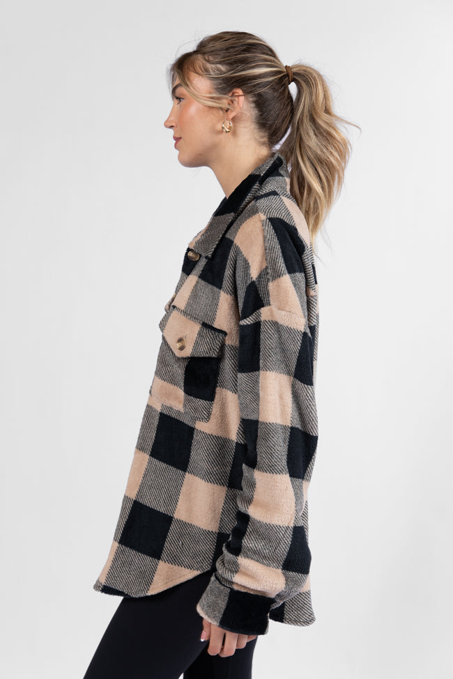 Wind Down Black and Tan Fleece Plaid Shacket - Cozy Overshirt for Men & Women | Perfect for Fall & Winter Layering, Outdoor Adventures & Casual Wear | FINAL SALE