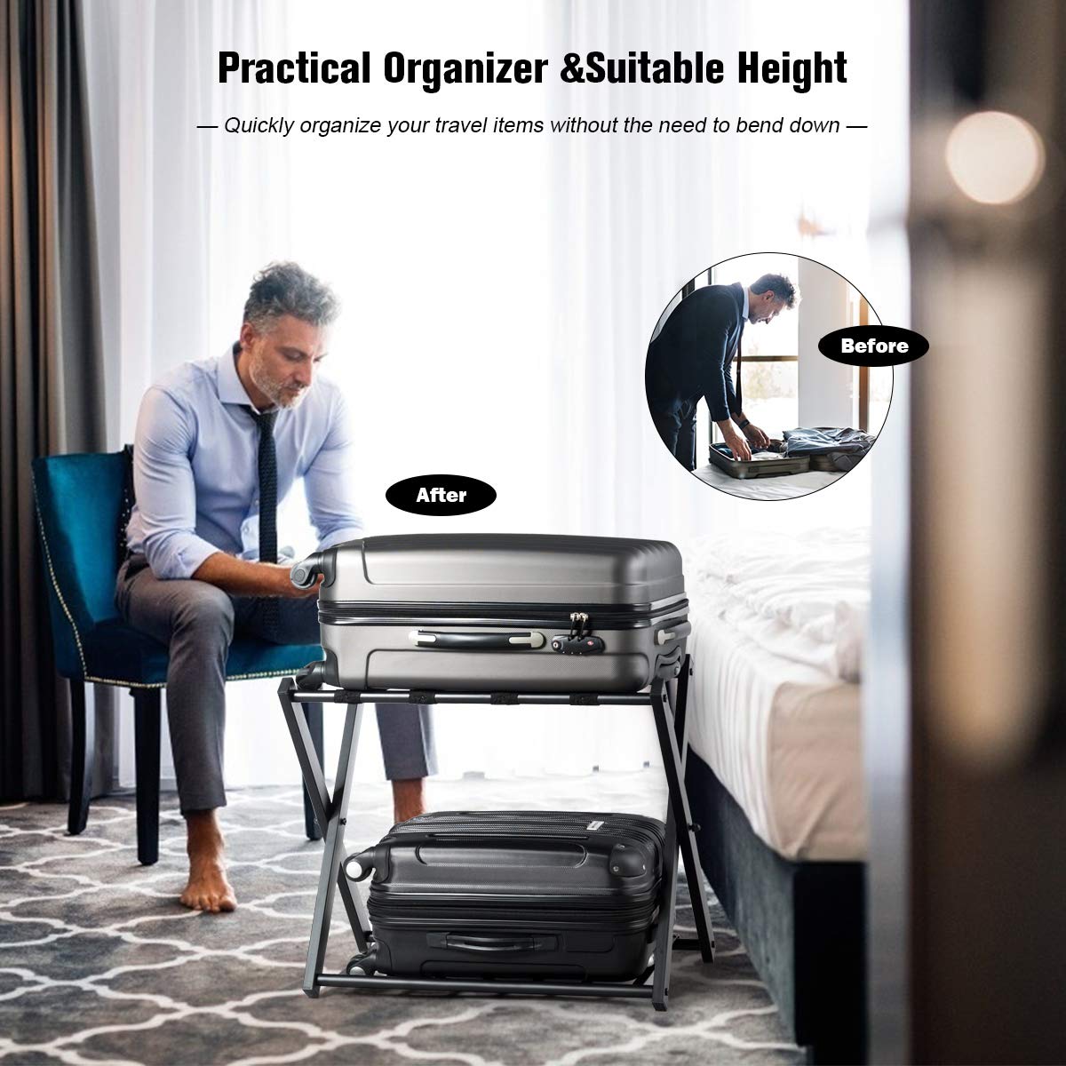 Tangkula 3-Pack Folding Luggage Rack with Storage Shelf - 2-Tier Suitcase Stand with Durable Straps & Protective Cover - Space-Saving Large Luggage Holder for Bedroom, Guest Room, Hotel & Travel Use (Black)