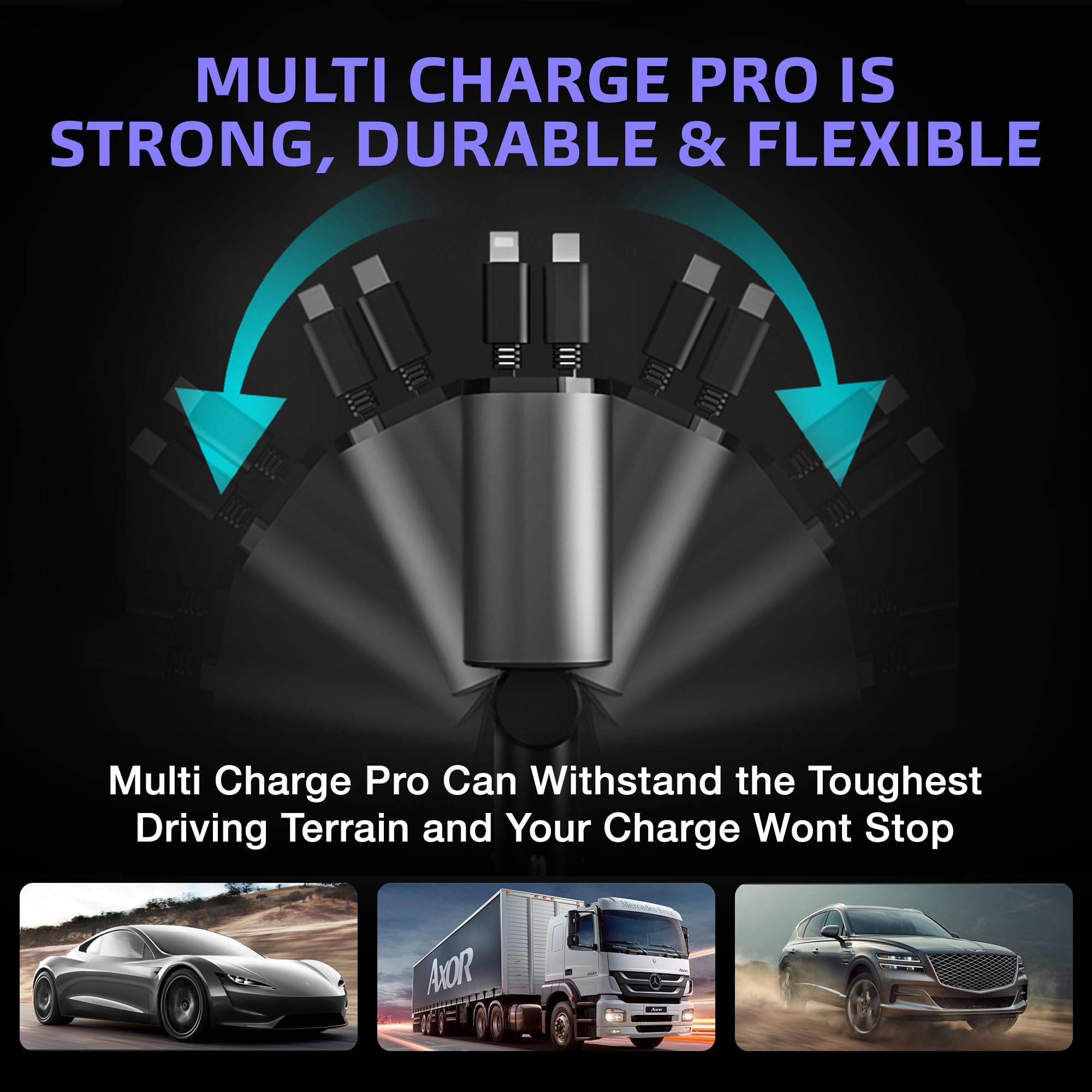 120W Multi Charge Pro Retractable Car Charger - 4-Port USB-C/USB-A Fast Charging for iPhone, Samsung, Tablets | Perfect for Road Trips & Daily Commute