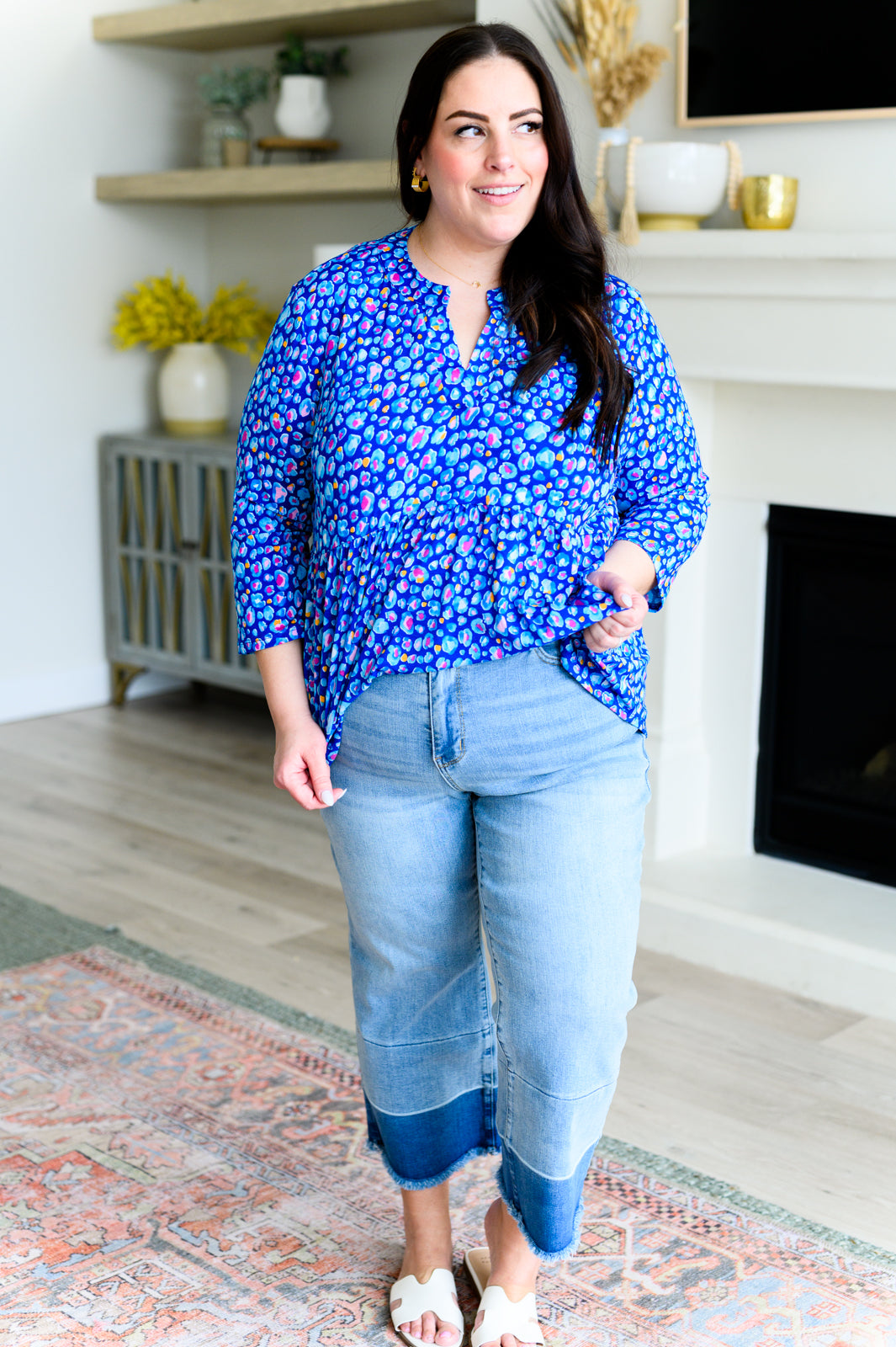Lizzy Babydoll Top - Navy Abstract Print Women's Fashion Blouse for Casual Wear & Night Out