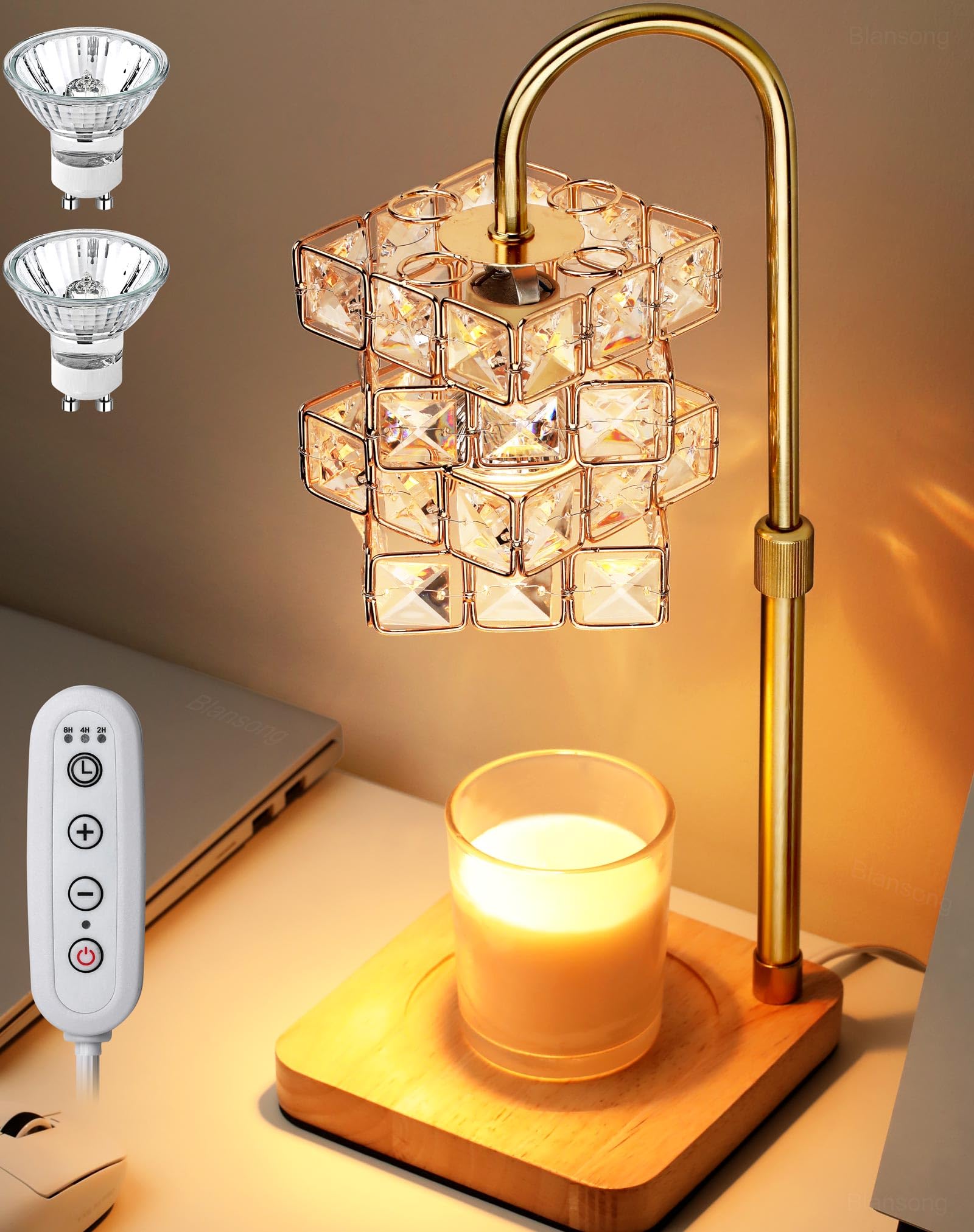 Adjustable Height Electric Candle Warmer Lamp with Dimmer & Timer - Diamond Texture Lampshade Wax Melter for Jar Candles (Includes 2 Bulbs) - Perfect for Home Decor, Bedroom Ambiance & Aromatherapy
