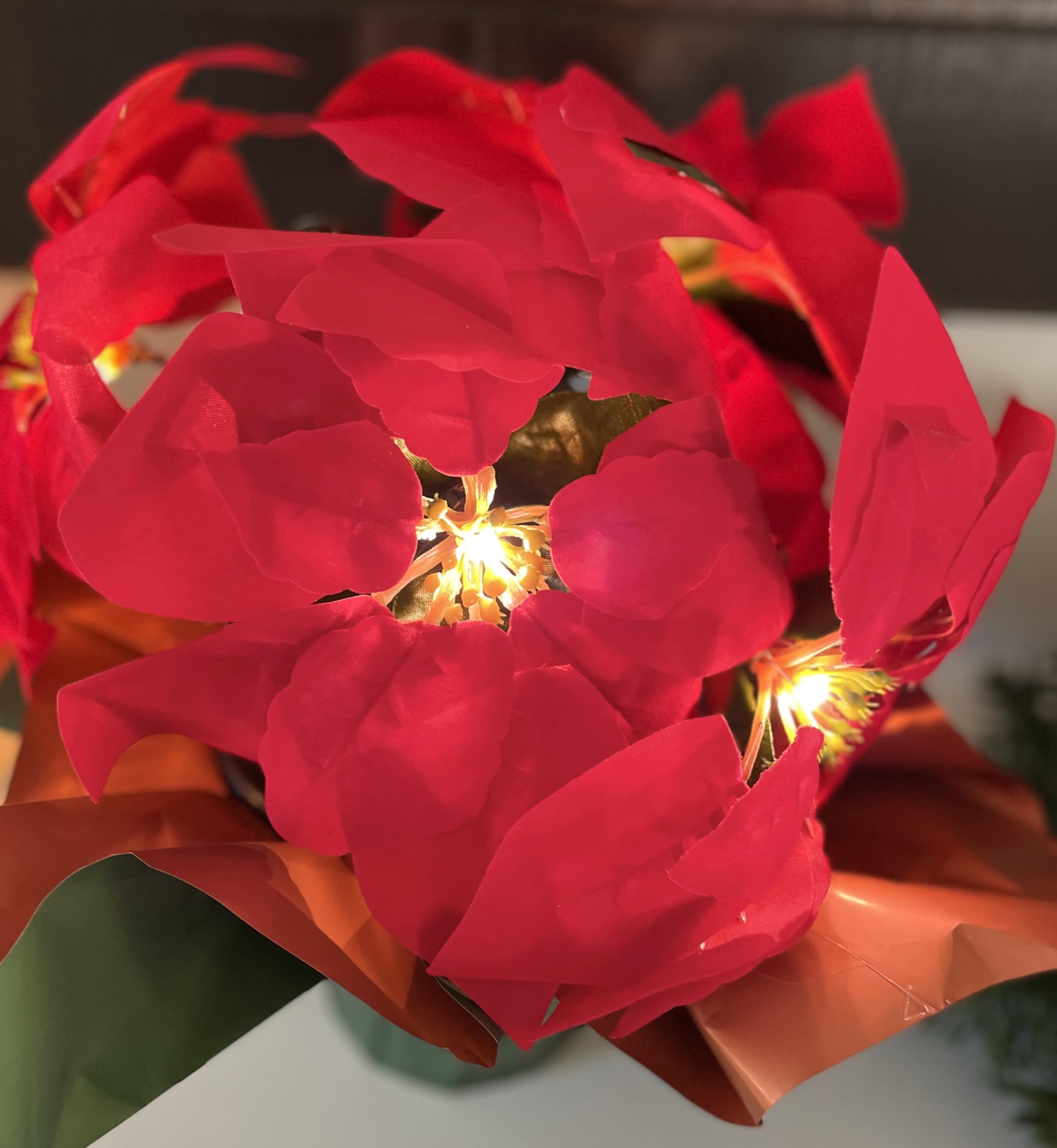 12 Inch LED Lighted Artificial Red Christmas Poinsettia Plant - Battery Operated with Timer - Perfect for Holiday Home Decor, Table Centerpiece, and Festive Party Decorations