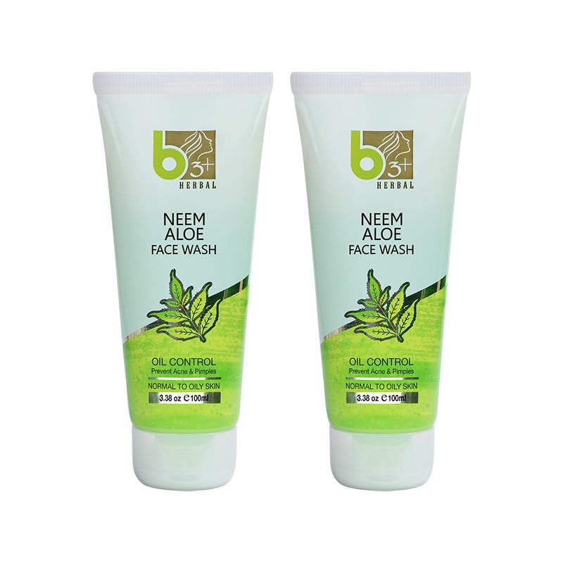 B3+ Herbal Neem & Aloe Face Wash for Normal to Oily Skin - Acne & Pimple Control Treatment - Pack of 2 - Gentle Daily Cleanser for Clear, Healthy Skin - Perfect for Morning & Night Skincare Routine
