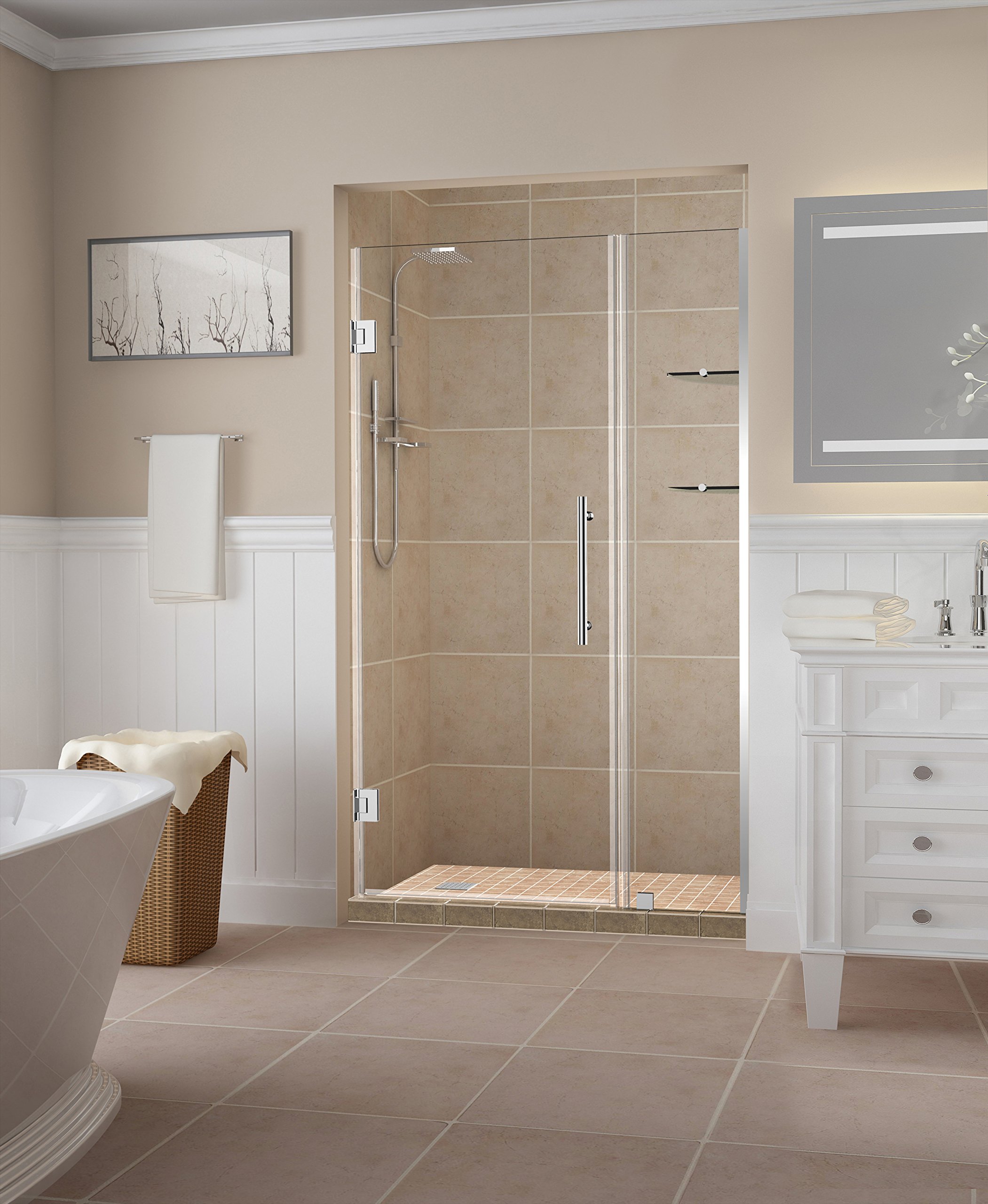 Aston SDR960EZ-CH-4725-10 Frameless Hinged Alcove Shower Door with StarCast Clear Glass and Built-in Shelves - Perfect for Modern Bathrooms and Spa-like Showers