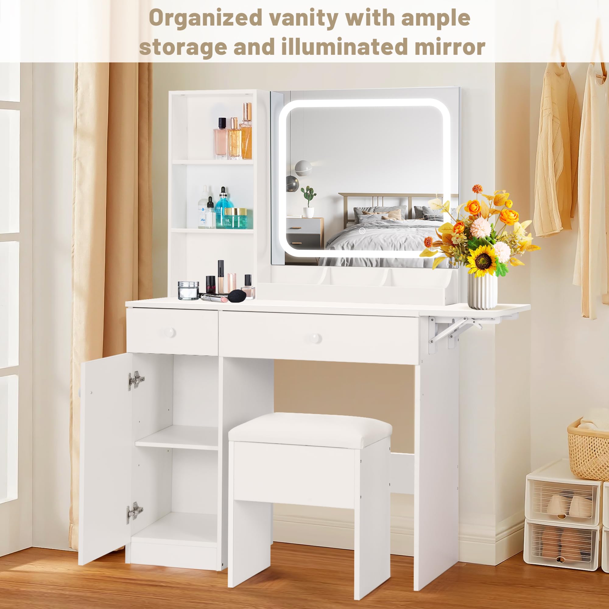 White Vanity Desk with LED Lights & Mirror - Makeup Vanity Table with Charging Station, Storage Drawers & Adjustable Stool - Perfect for Bedroom, Dressing Room & Home Office Organization