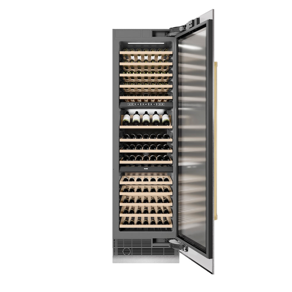 ZLINE Autograph Edition 24-Inch 12.4 cu ft Triple Zone 100 Bottle Wine Cooler Refrigerator - Stainless Steel with Gold Accents for Home Bar, Kitchen, or Wine Cellar Storage