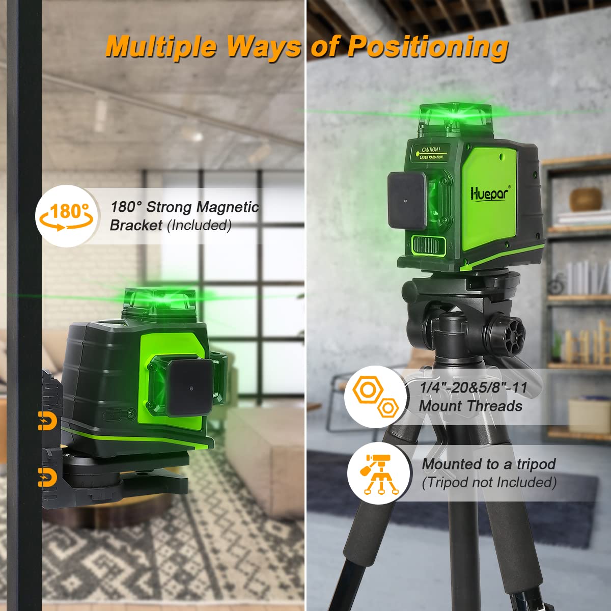 Huepar GF360G 3D Green Beam Self-Leveling Laser Level with 3 x 360° Cross Lines - Two Vertical & One Horizontal Plane Alignment Tool - Magnetic Pivoting Base for Construction, Tiling, and DIY Projects