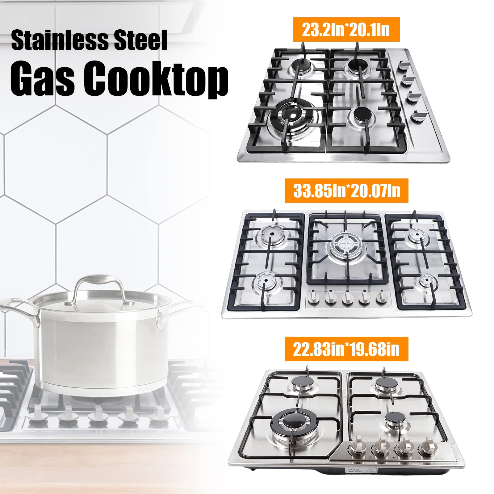 5 Burner Built-in Gas Stove Cooktop with Flameout Protection - Stainless Steel NG/LPG Compatible for RV & Home Kitchen - Perfect for Camping, Cooking & Outdoor Adventures