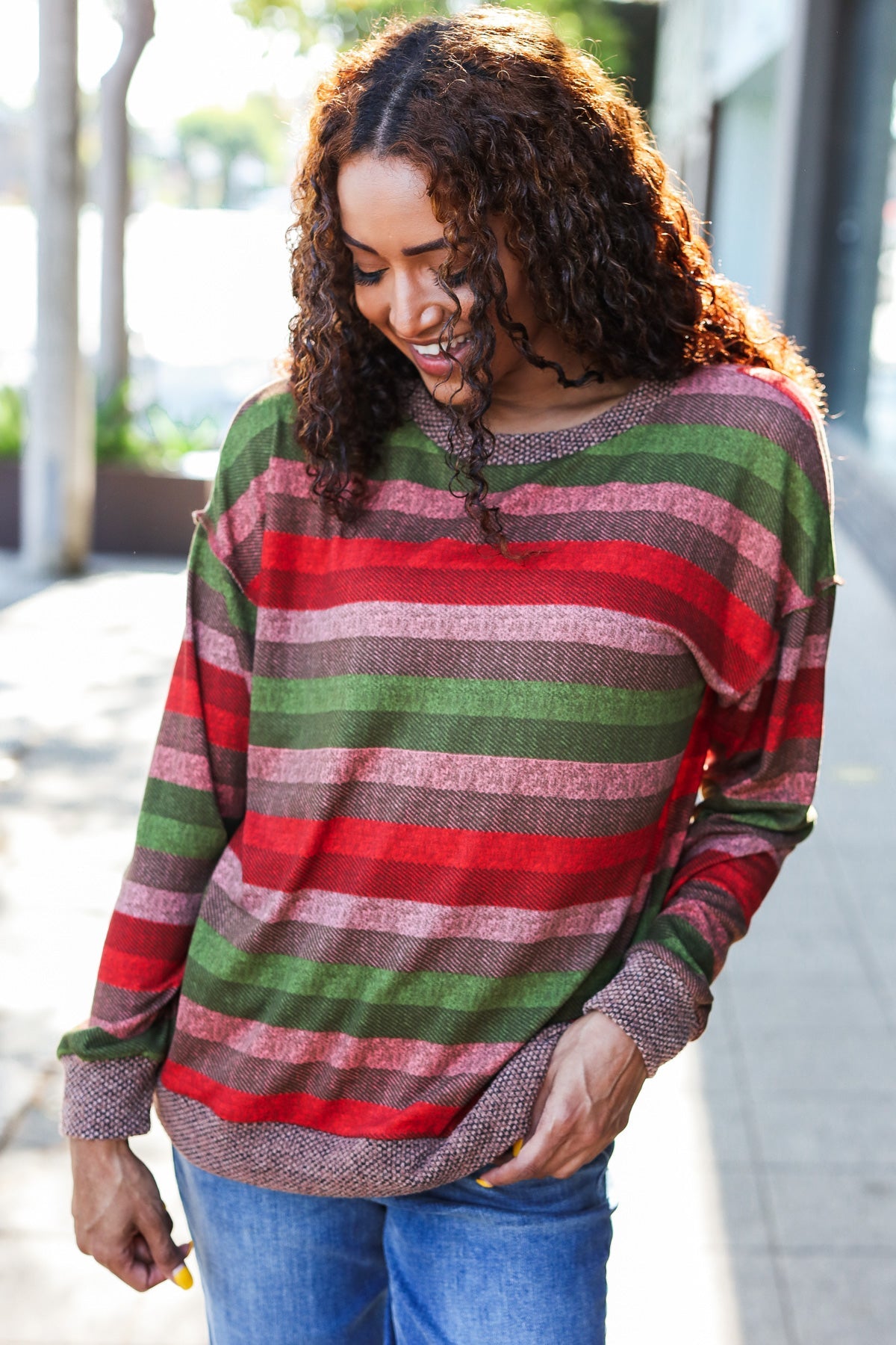 Stylish Olive & Mauve Striped Two-Tone Banded Sweater Top for Women | Casual Fall Fashion | Perfect for Office Wear & Weekend Outfits