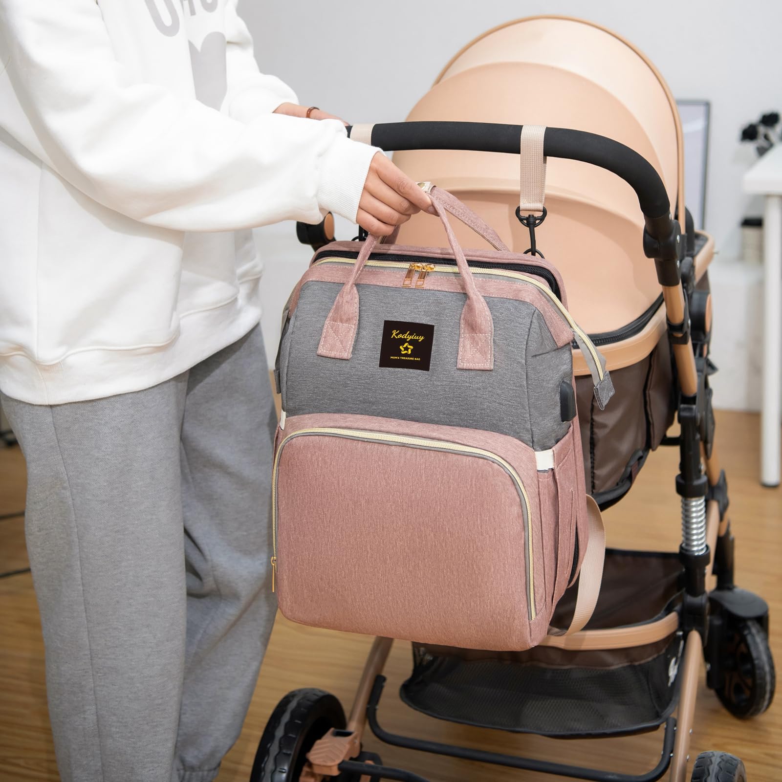 Large Capacity Baby Diaper Backpack - Waterproof Travel Changing Station with Foldable Design, Perfect Gift for New Moms (Pink-Gray) | Ideal for Daycare, Outings & Family Trips