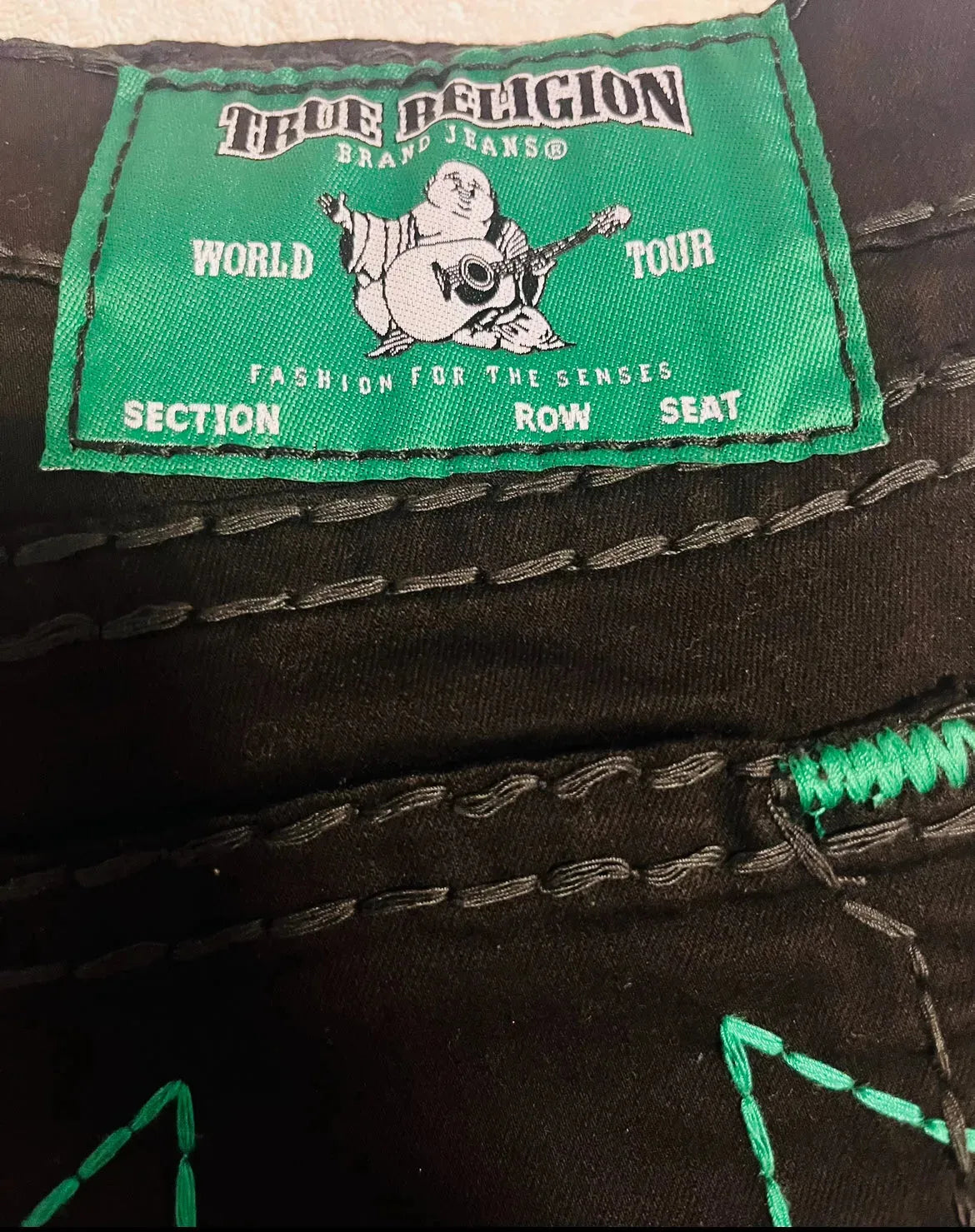 True Religion Men's Jeans - Green Stitch Skinny Relaxed Fit, Embroidered Rare Limited Edition for Casual Wear & Street Style