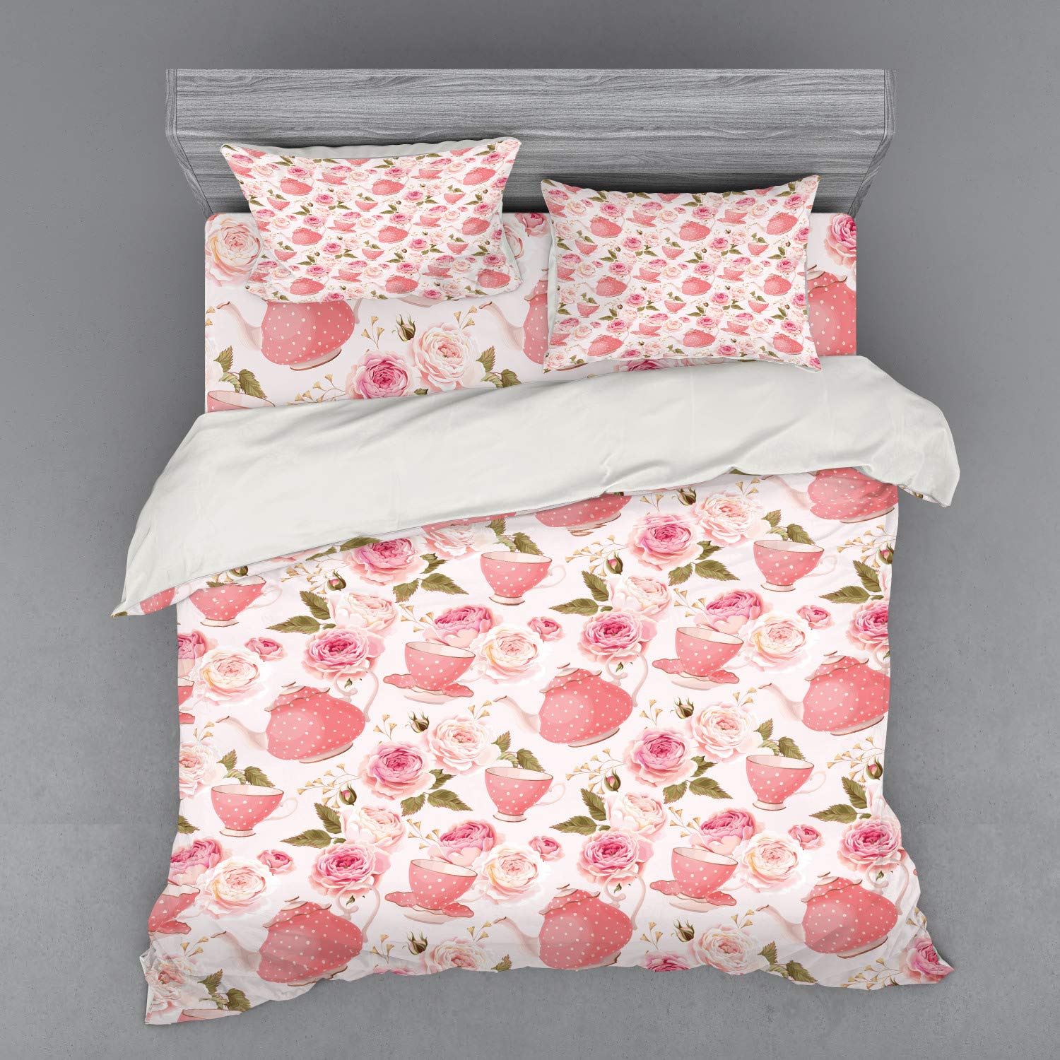 Ambesonne Vintage Floral Duvet Cover Set - King Size 4-Piece Bedding with Rose & Tea Cup Design in Fern Green & Pale Pink | Romantic Shabby Chic Style for Master Bedroom Decor