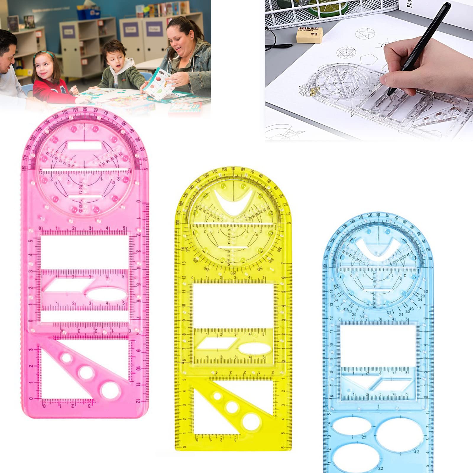 Multifunctional Geometric Ruler Set - 3 Pack Plastic Drafting Ruler with Measurement Template for Drawing, Math & Design | Perfect for School, Office & Engineering Use