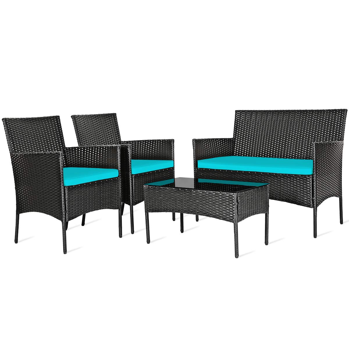 HAPPYGRILL 4-Piece Outdoor Patio Furniture Set - Rattan Wicker Conversation Sofa with Tempered Glass Top Table & Removable Cushions - Perfect for Poolside, Garden, Backyard, and Patio Relaxation