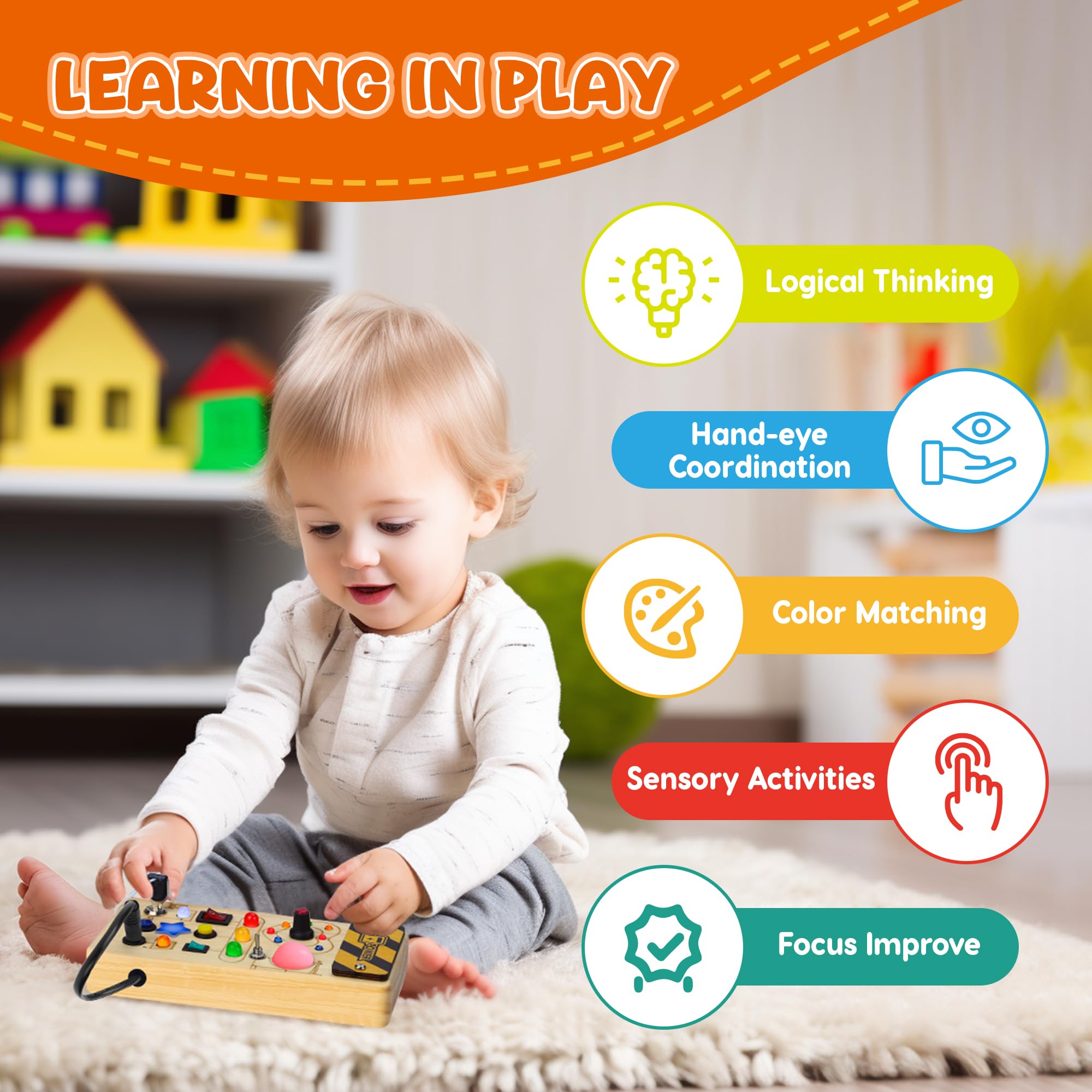 Montessori Wooden Busy Board for Toddlers - 8 Switches & 15 LED Sensory Light Switch Toy, Educational Travel Activity Board for 1+ Year Old Boys & Girls, Perfect for Home, Car, and Classroom Learning