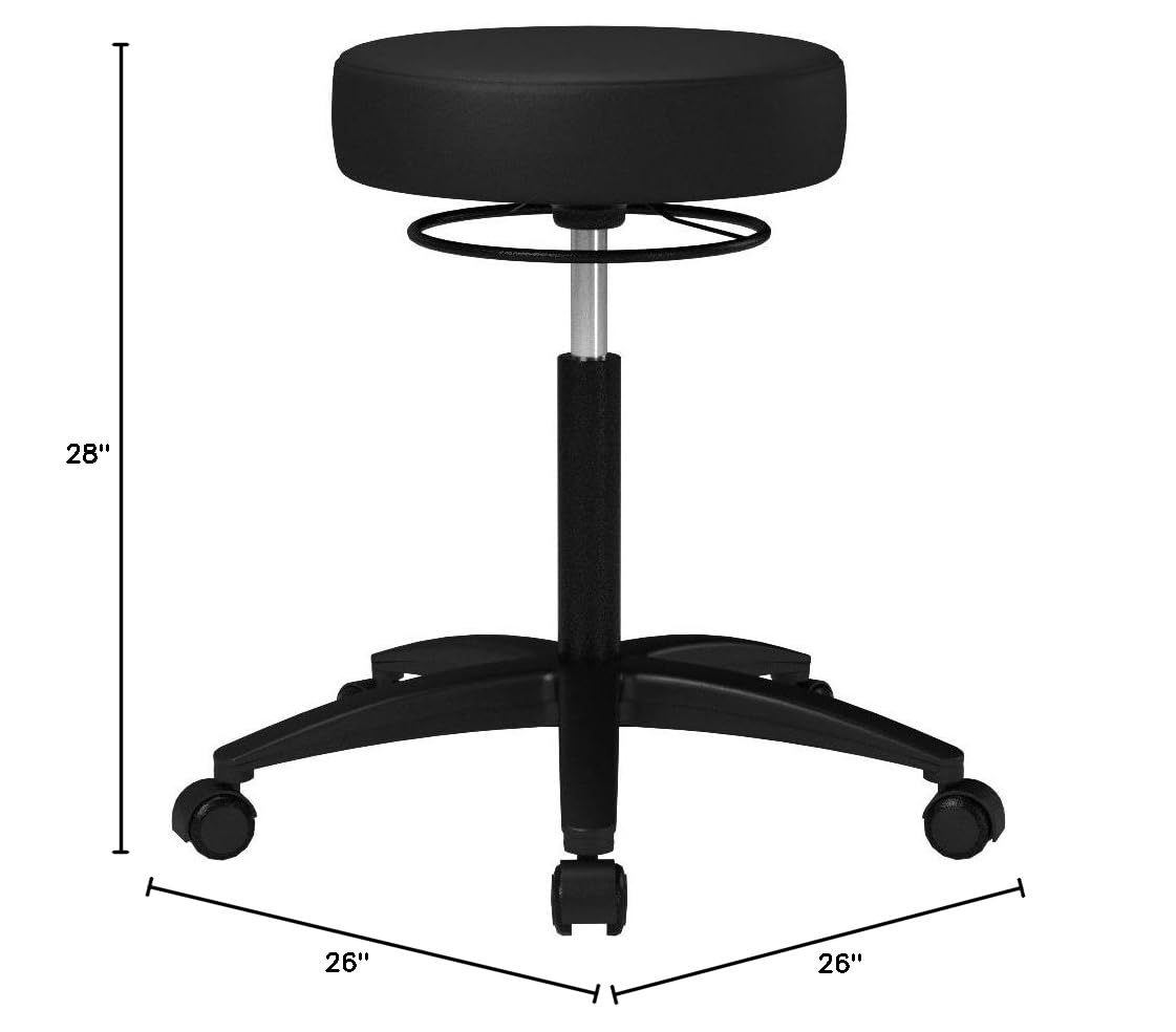 360 Degree Rolling Adjustable Massage Therapy Swivel Stool for Carpet & Hard Floors - 300lb Weight Capacity, Black Vinyl - Perfect for Chiropractors, Salons & Home Office Use