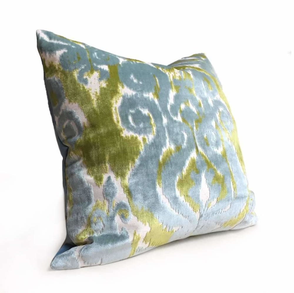 Robert Allen Velvet Bliss Ikat Damask Green Blue Cut Velvet Pillow Cover - Luxury Decorative Throw Pillow Case for Sofa, Bed & Home Decor