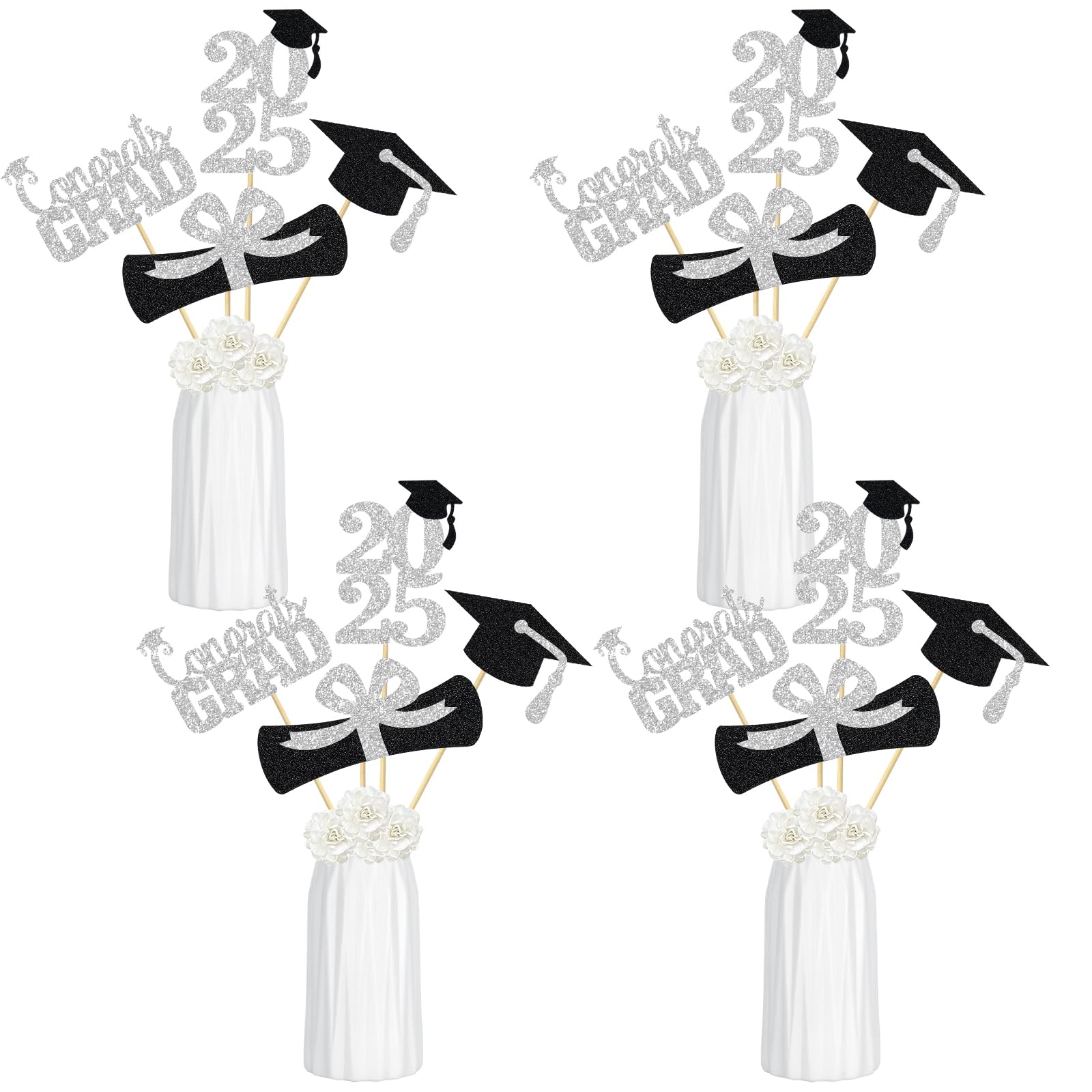 2025 Silver Graduation Party Centerpieces - Elegant Table Decorations & Centerpiece Sticks for Graduation Ceremonies, Parties, and Celebrations - Perfect for Class of 2025 Decor