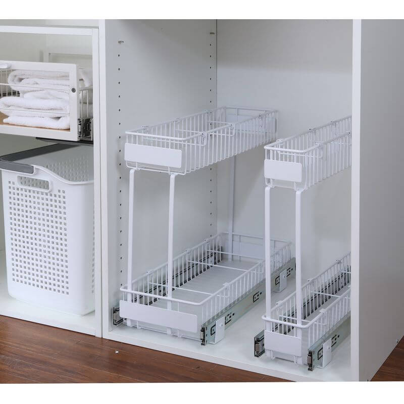 2-Tier Pull-Out Kitchen Drawer Organizer - White | Space Saving Cabinet Storage for Utensils, Spices & Small Items | Perfect for Pantry, Bathroom & Office Organization
