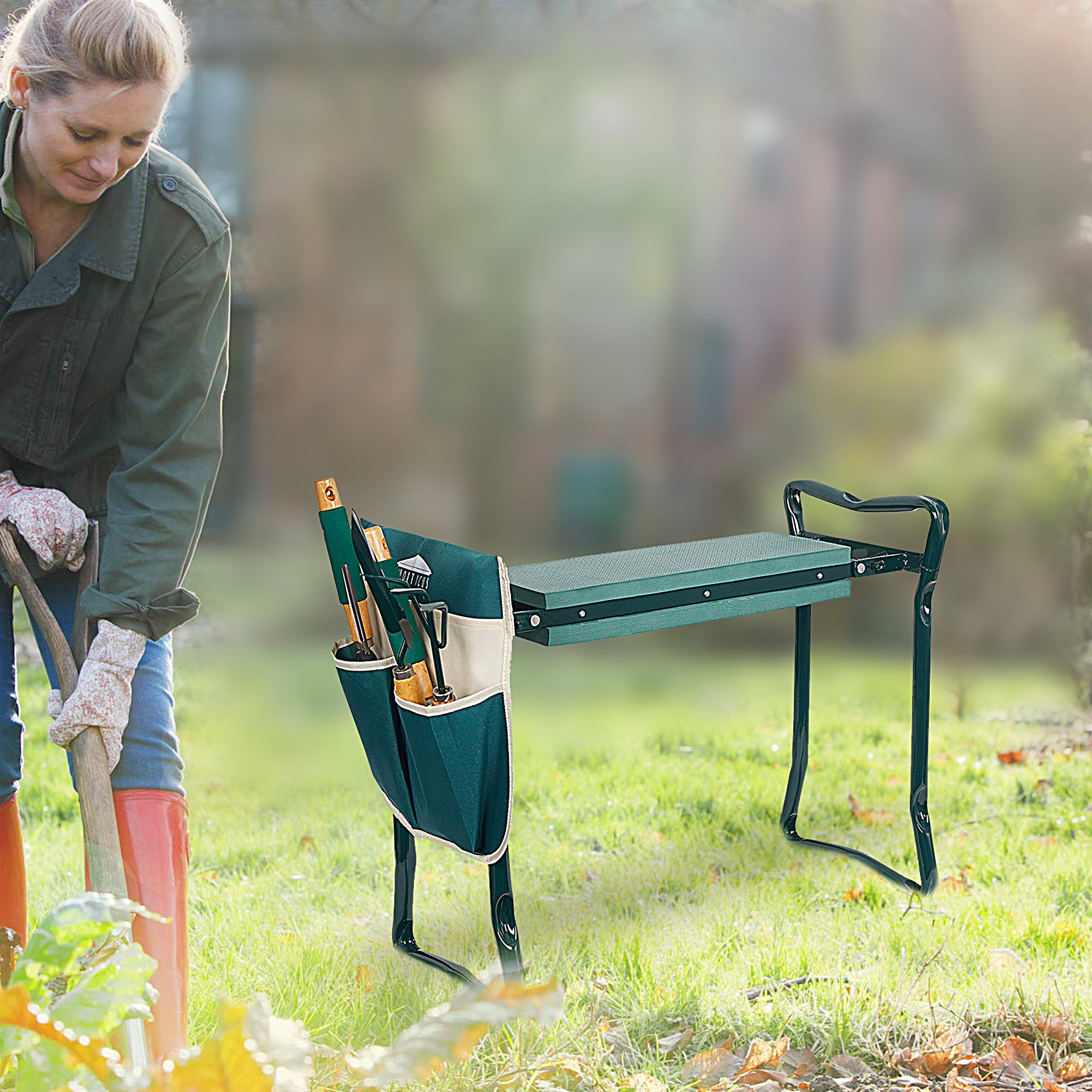 Foldable Garden Kneeler Seat with Soft Foam Pad & Tool Pouch - Portable Bench Stool for Gardening, Fishing, Outdoor Activities - Perfect for Elderly & Knee Support While Planting, Weeding or Camping