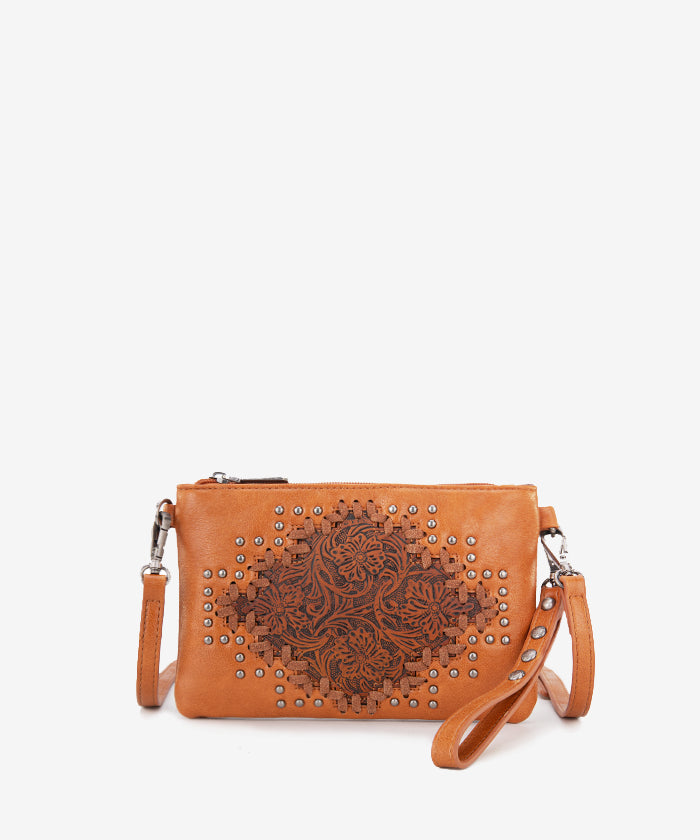 Montana West Genuine Leather Tooled Studded Crossbody Bag for Women - Stylish Western Boho Purse for Daily Use, Travel & Shopping