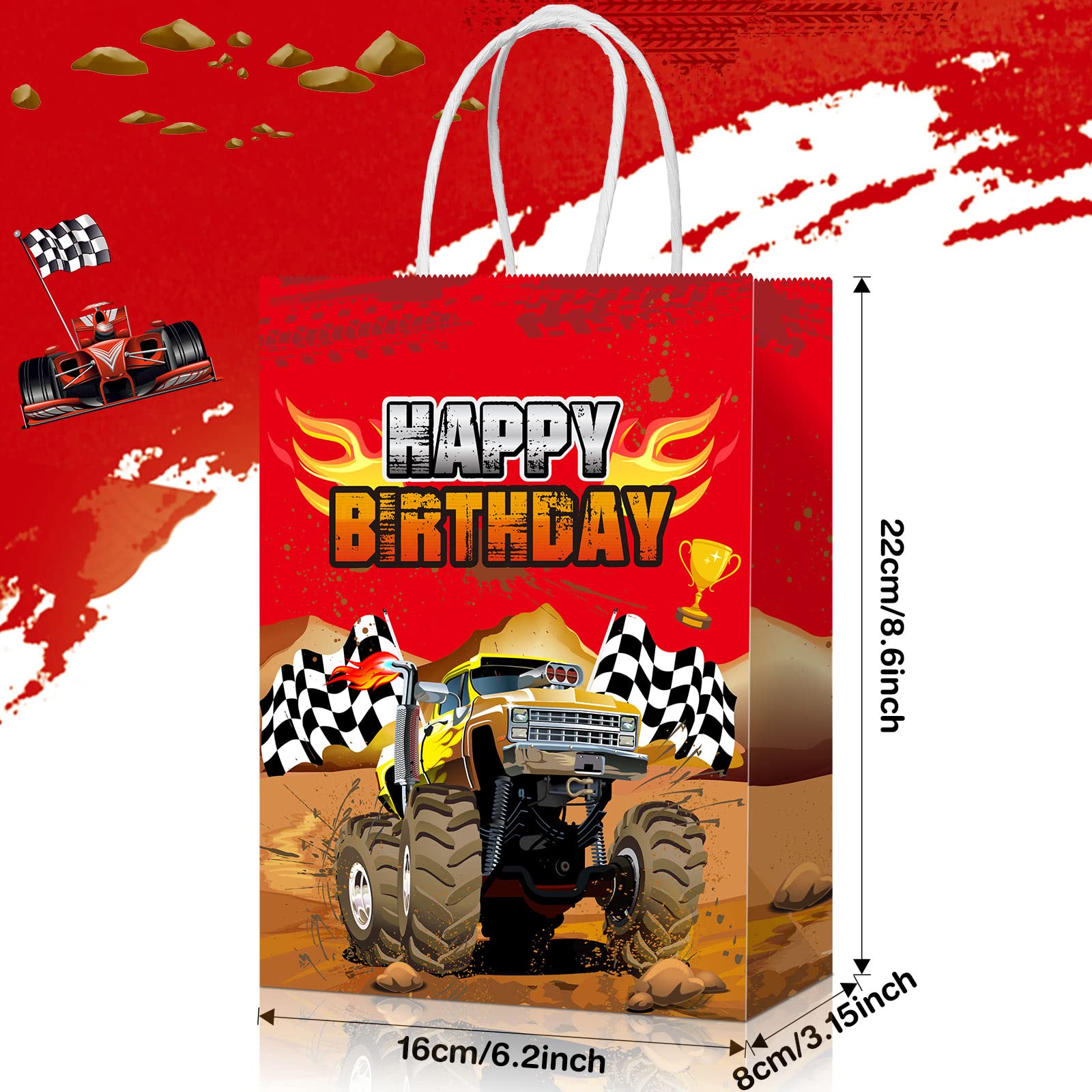 Monster Truck Party Favor Bags - 16 Pcs Racing Truck Themed Paper Gift Bags for Candy & Treats | Perfect for Kids Birthday Parties, Goodie Bags & Themed Events