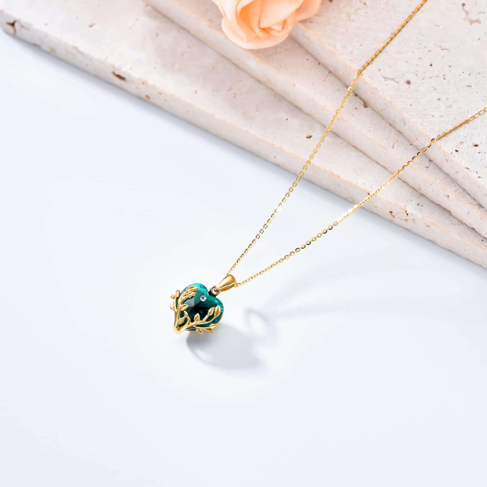 YDD 9ct Real Gold Tree of Life Necklace with Love Heart Crystal Pendant - Dainty Family Jewelry for Women, Perfect Christmas, Mother's Day & Birthday Gift for Her (16+1+1 inch) - Ideal for Special Occasions, Weddings, Anniversaries and Everyday Elegance