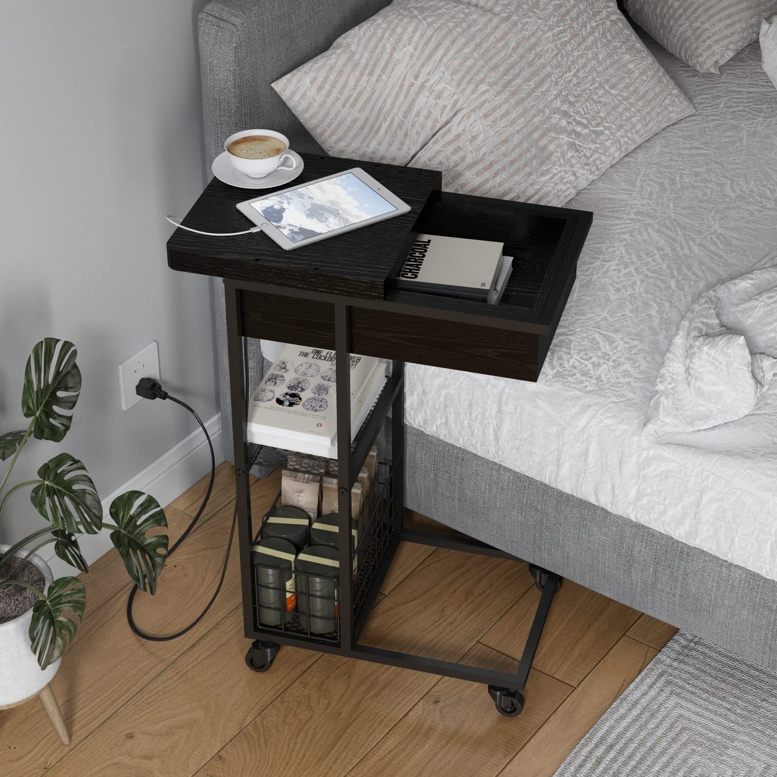 LIDYYK Modern C-Shaped End Table with Built-in Charging Station, Flip Top Design with USB Ports & Outlets, Multi-Functional Sofa Side Table with Storage Shelf - Perfect for Living Room, Bedroom, Office (Black) | Space-Saving Furniture for Small Spaces, Ideal for Holding Drinks, Books & Charging Devices