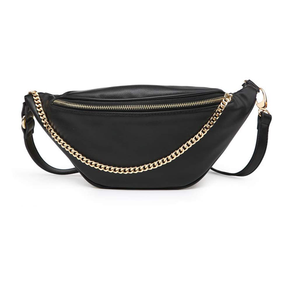 Women's Stylish Leather Waist Fanny Pack Crossbody Bag with Metallic Chain - Phone Purse for Everyday Use, Travel & Outdoor Activities (Black)