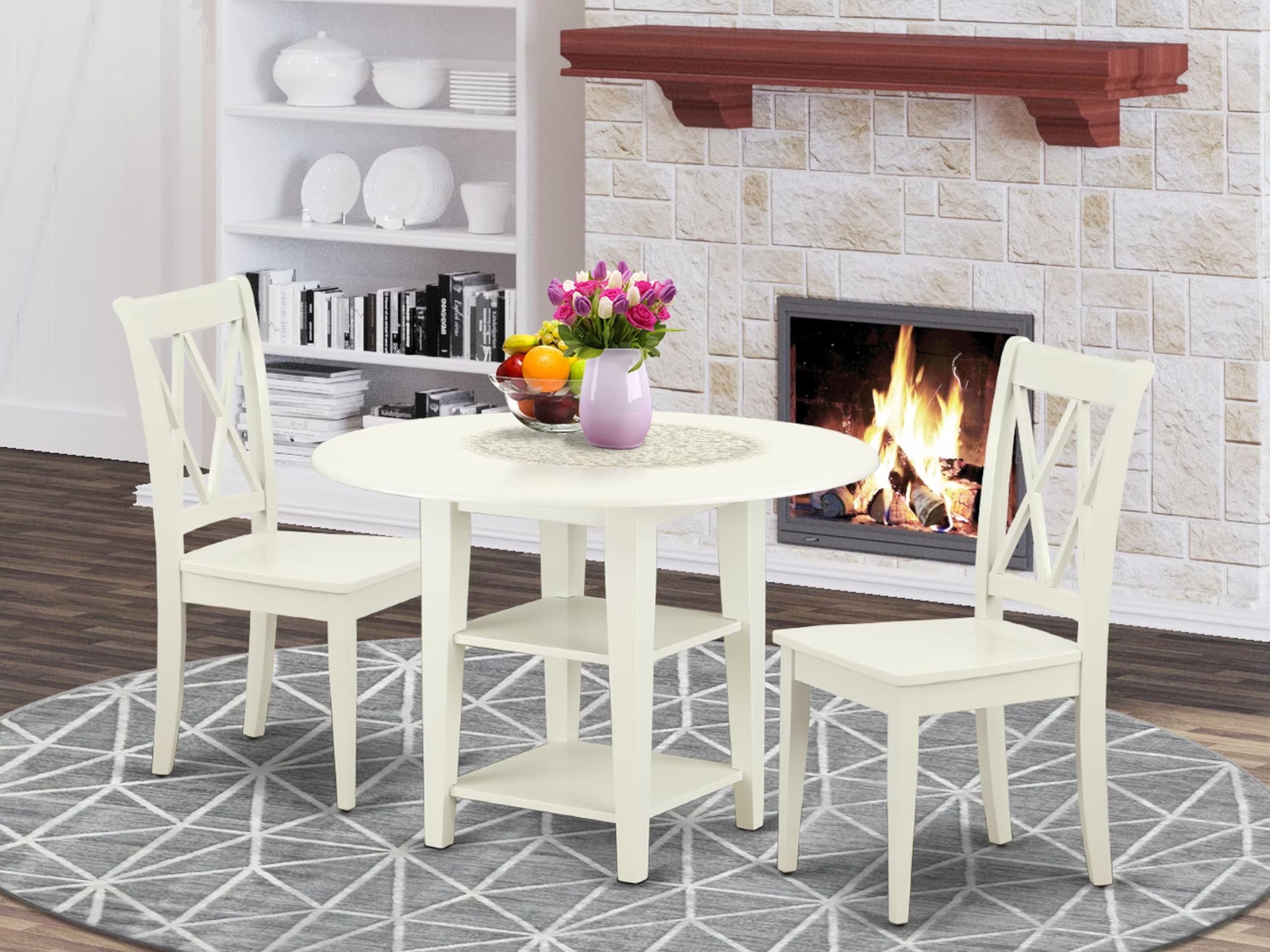 East West Furniture SUCL3-LWH-W 3-Piece White Linen Dining Set with Round Drop-Leaf Kitchen Table (42x42 Inch), 2 Chairs & Storage Shelves - Perfect for Small Spaces, Breakfast Nooks & Cozy Apartments