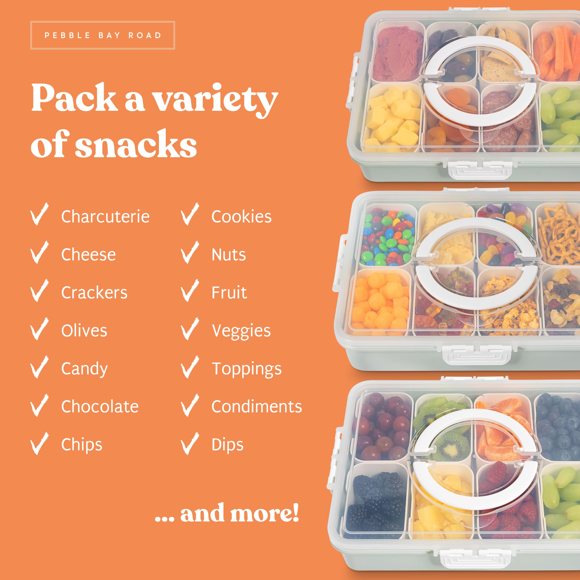 2025 Upgraded Dishwasher Safe Snack Box with Lid & Handle - 3-Compartment Divided Serving Tray for Charcuterie, Candy, Fruits, Nuts - Perfect for Picnics, Road Trips, Parties & Travel - BPA-Free Food Storage Container - Ideal for Home, Office & Outdoor Use (Sage Green)