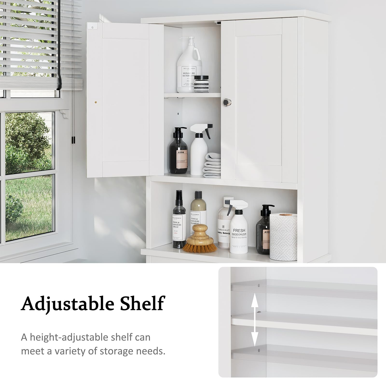 Meilocar Over The Toilet Storage Cabinet - White Bathroom Organizer with Adjustable Shelves & Open Storage | Space-Saving Bathroom Cabinet for Toiletries, Towels & Essentials - Perfect for Small Bathrooms & Apartment Living