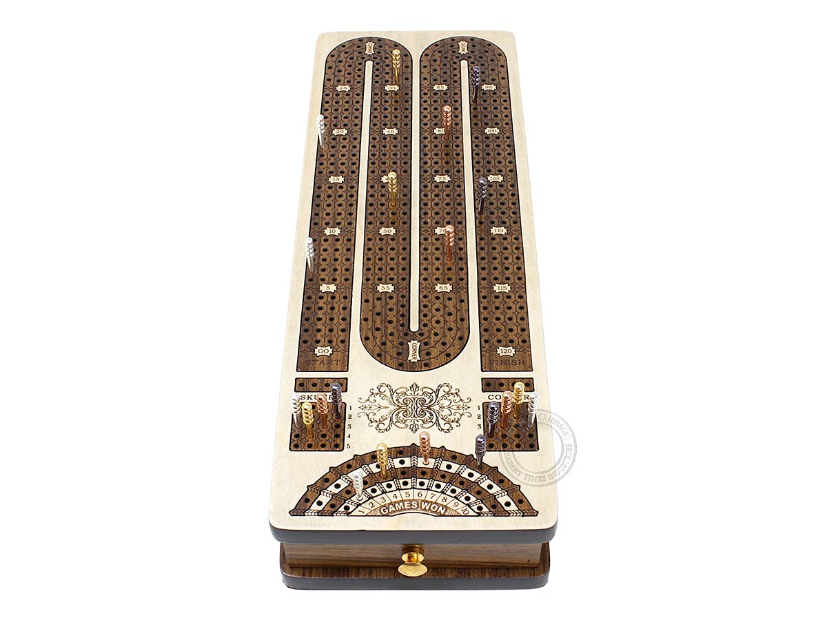 Premium Continuous Cribbage Board with 4 Inlaid Tracks - Handcrafted Maple/Teak Wood with Peg Storage Drawer & Score Marking Fields | Perfect for Family Game Nights, Travel, and Card Game Enthusiasts | Ideal for Home Entertainment, Camping Trips, and Gift Giving | Great for Parties, Holidays, and Competitive Play