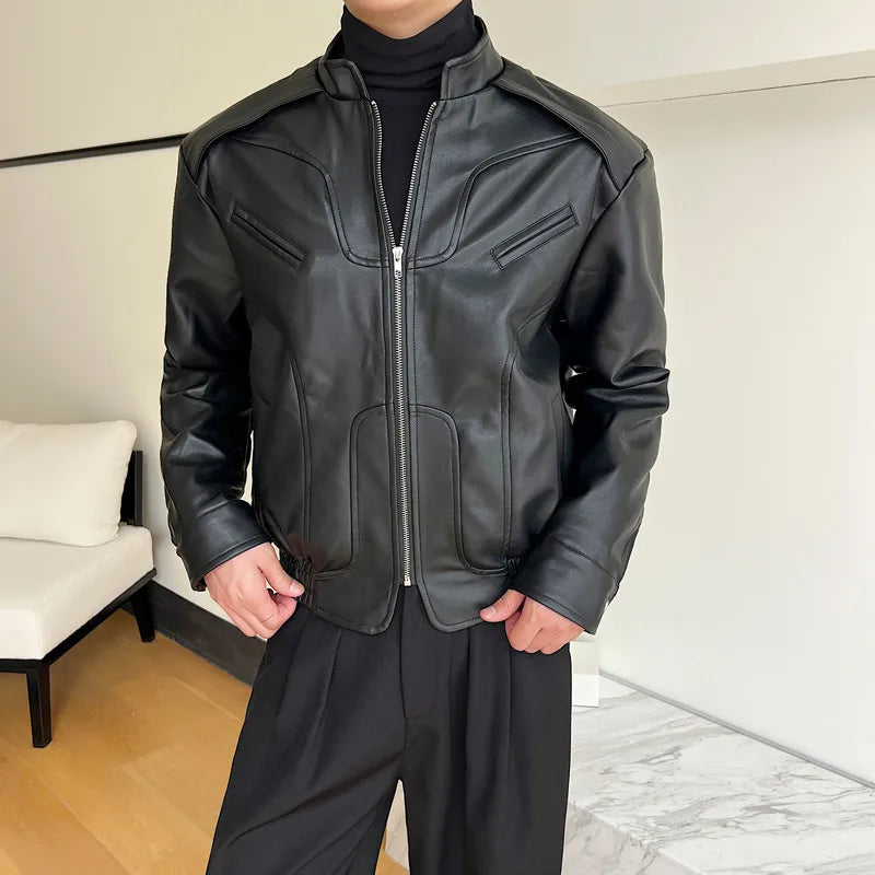 Premium Men's Stand Collar PU Leather Jacket - Black Motorcycle Jacket Korean Style Coat for Autumn & Winter | Riding, Casual Wear, Fashion Outerwear
