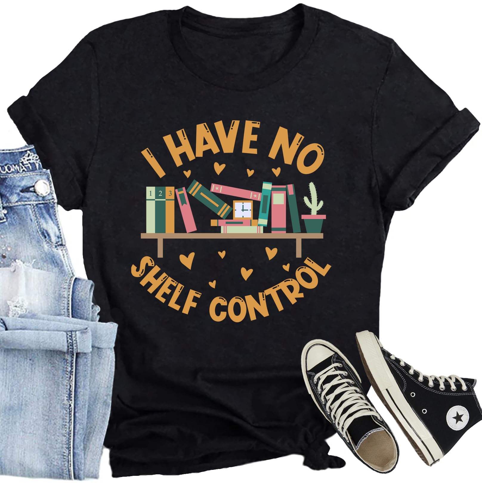 Women's Book Lover T-Shirt - 'I Have No Shelf Control' Funny Reading Tee for Teachers & Librarians | Casual Bookworm Top for Library, Book Club & Reading Enthusiasts