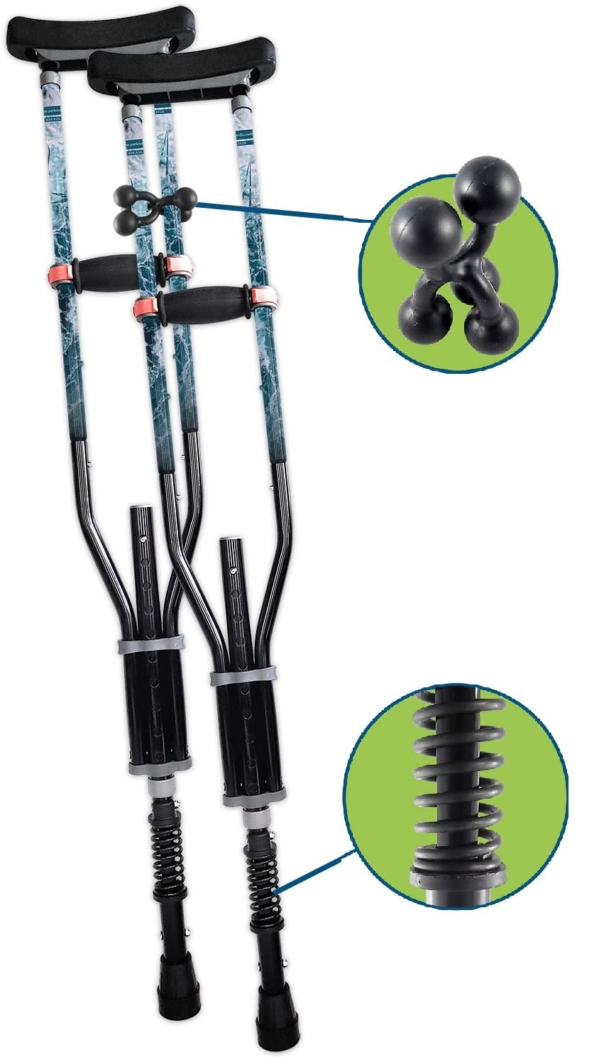 York Nordic - Spring Cushion Collapsible Crutches for Adults, Lightweight Adjustable Walking Canes with Ocean Wave Design - Ideal for Sports Injuries, Post-Surgery Recovery & Travel Accessories