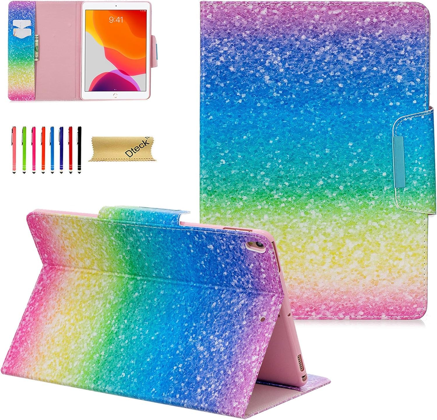 Dteck Slim PU Leather Multi-Angle Folio Stand Case for iPad 10.2 inch (7th/8th/9th Generation 2020/2021/2019 Model) - Auto Wake/Sleep, Pencil Holder, Rainbow Sand Design | Perfect for Work, Study & Travel Protection