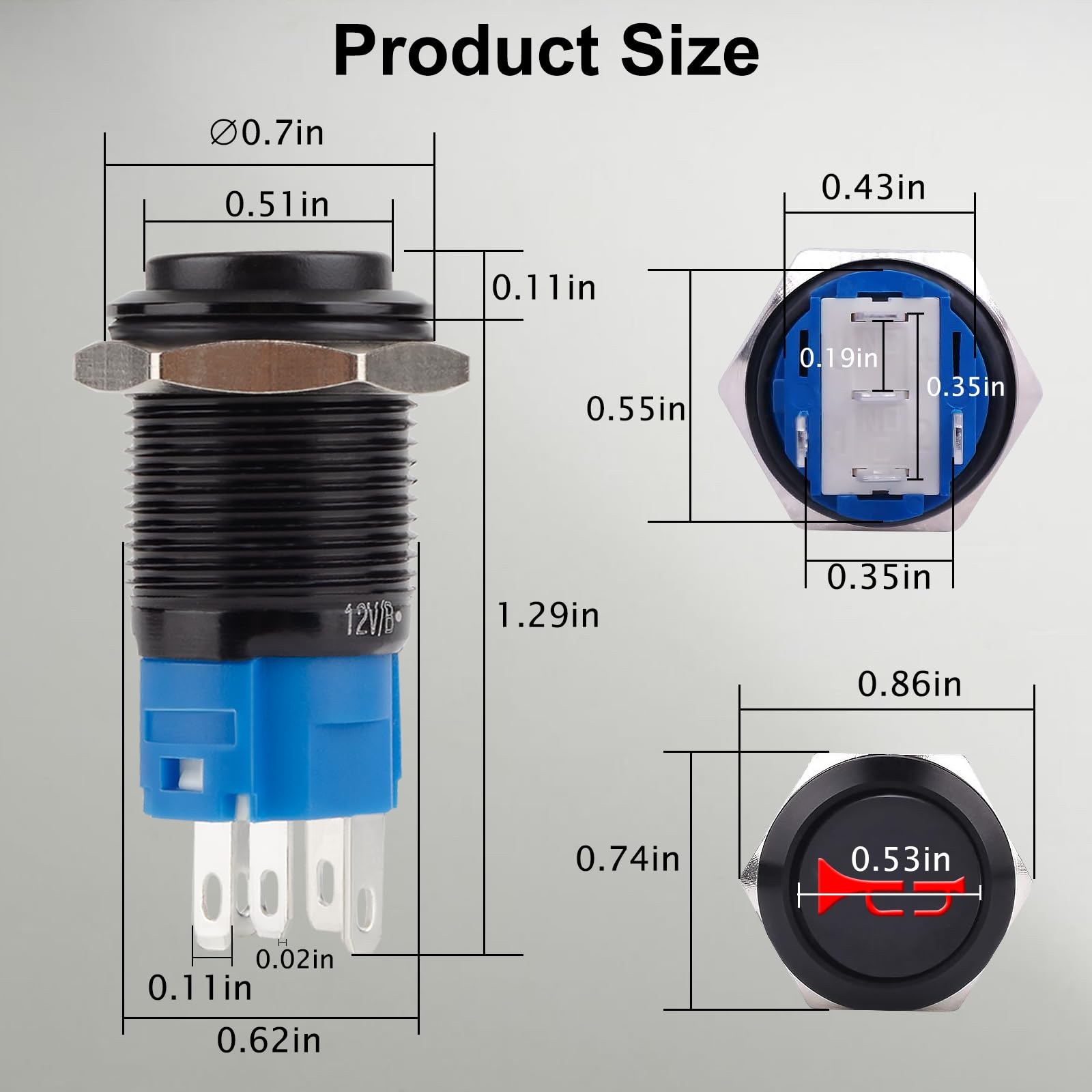 12V 16MM Raised Horn Switch with Red LED - Momentary Push Button for Automotive, Car, Boat & Train (5/8