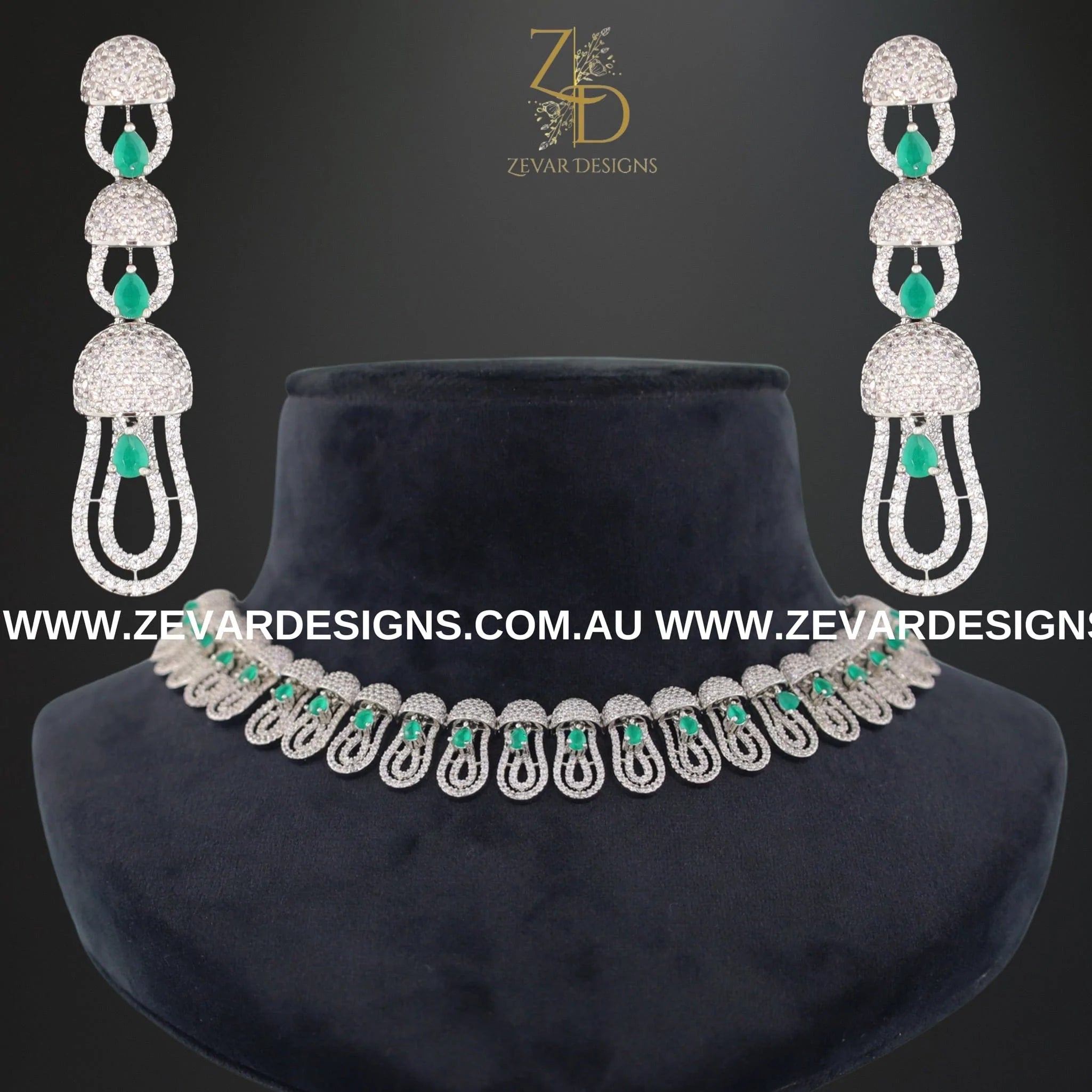 Zircon Necklace Set in White Rhodium with Emerald Gemstone | Elegant Jewelry for Women | Perfect for Weddings, Parties & Special Occasions