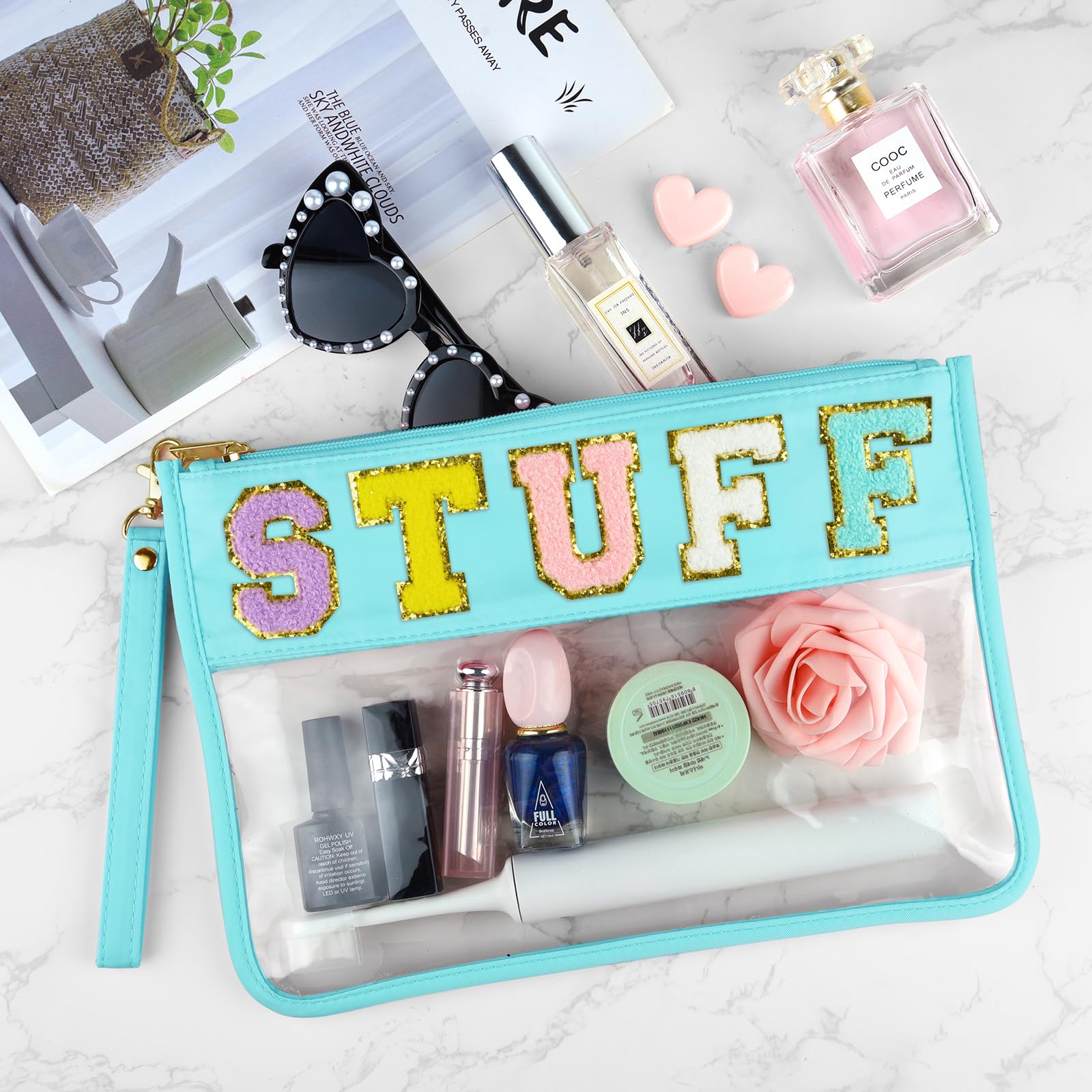 Morcheiong Cute Chenille Letter Cosmetic Bag - Clear Zipper Pouch for Makeup, Travel & School - Portable PVC & Nylon Storage Organizer with Handle - Perfect for Gym, Beach & Daily Use (Cyan)