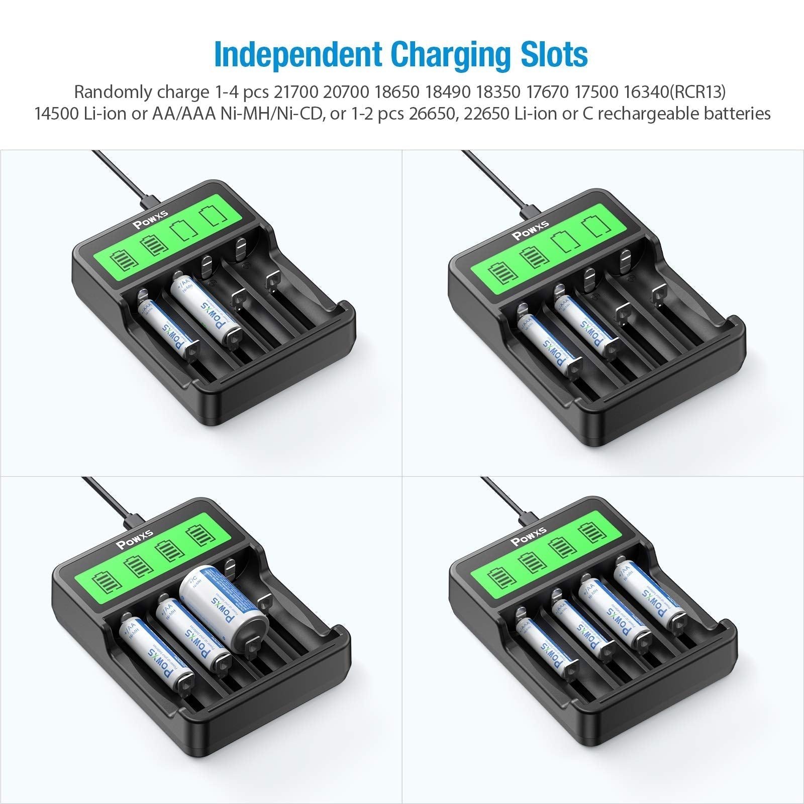 POWXS SW 4P Smart Battery Charger with 4 RCR123A 16340 Li-ion Rechargeable Batteries - Fast Charging for Flashlights, Cameras & Electronics (Home & Outdoor Use)