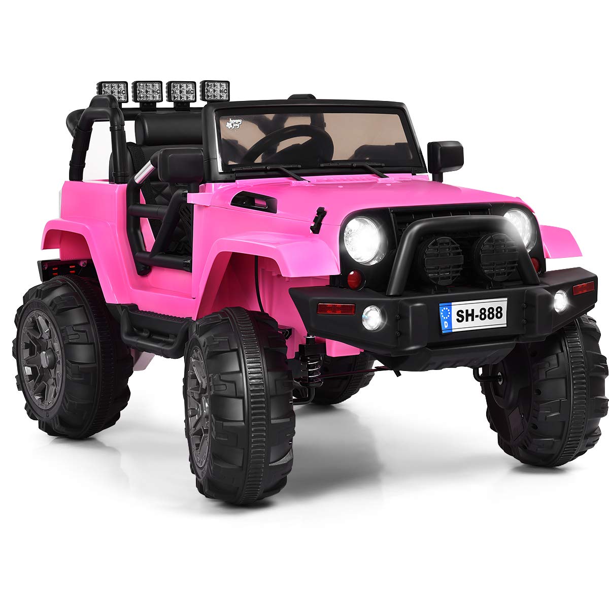 HONEY JOY 12V Kids Ride On Truck - Battery Powered Electric Car with Spring Suspension, LED Lights & Remote Control | Openable Door & Safety Belt | 4 Wheeler Toddler Toy for Girls & Boys (Pink) - Perfect for Indoor & Outdoor Play, Birthday Gifts & Backyard Fun