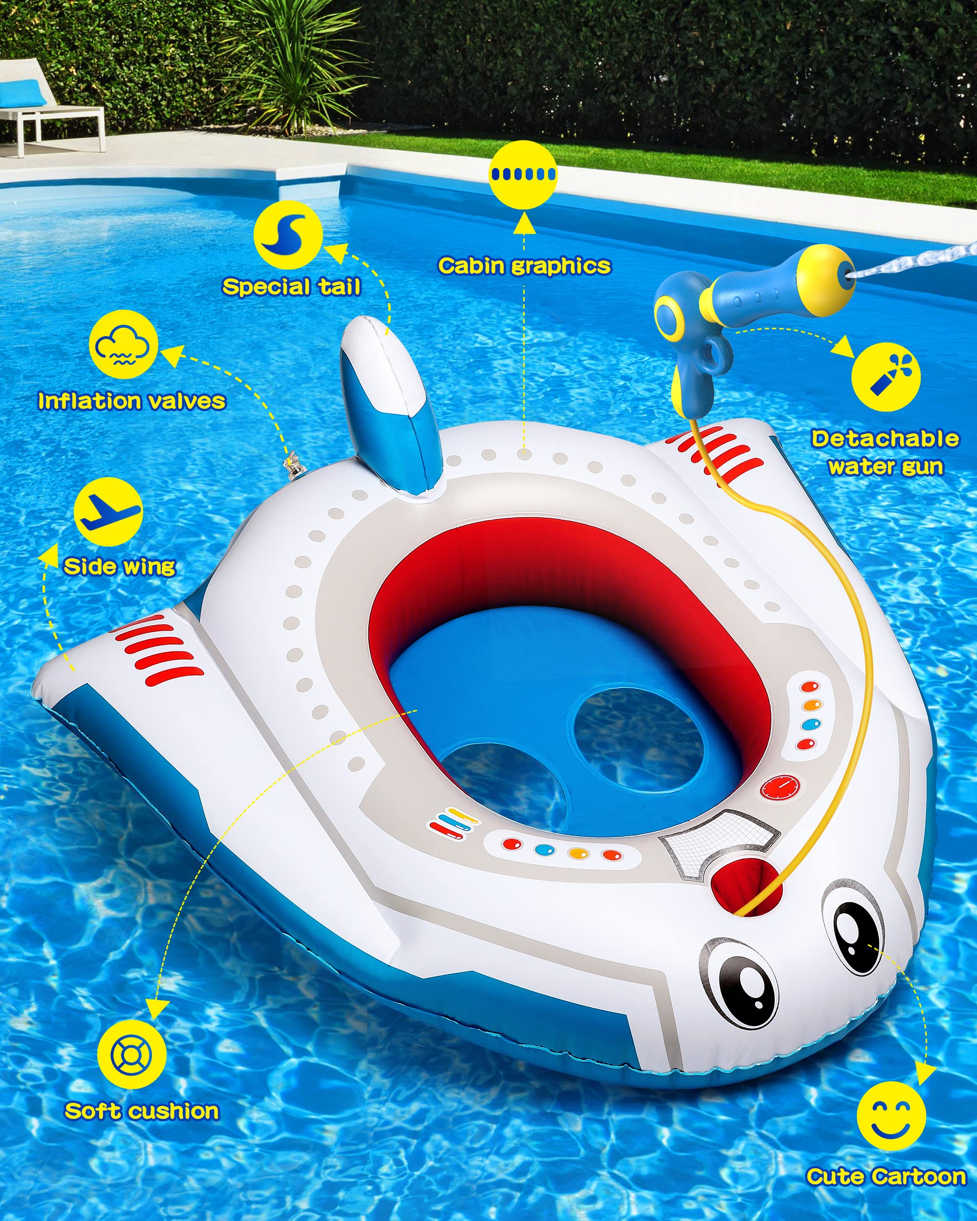 **HopeRock Inflatable Airplane Pool Float for Kids Ages 3-12 - Fun Ride-On Pool Toy with Water Gun for Boys & Girls - Best Outdoor Summer Water Play Toy for Backyard, Beach & Pool Parties**