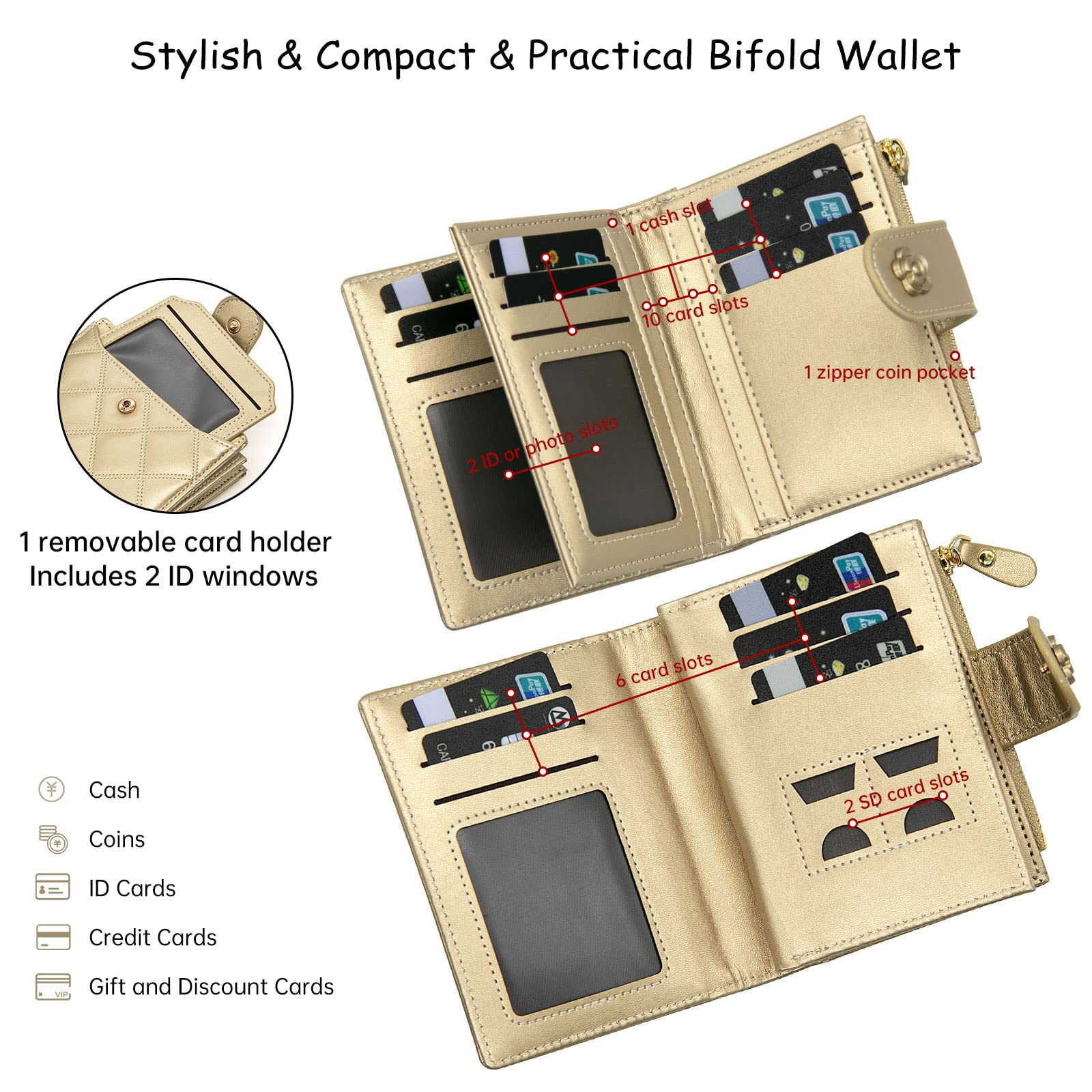 LJCZKA Vegan Leather Women's Wallet - RFID Blocking Bifold Card Holder with Zipper Pocket & ID Window for Cash, Coins & Cards (Gold) | Perfect for Travel, Shopping & Everyday Use