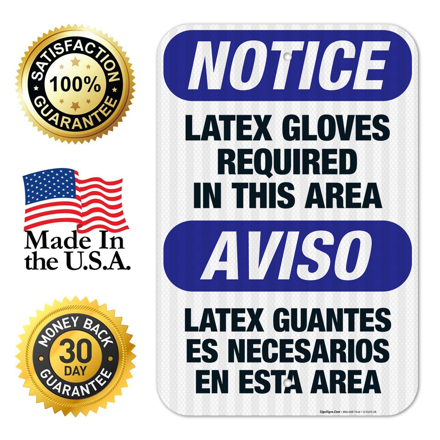 Bilingual Latex Gloves Required Sign - OSHA Compliant 12x18 Inch Aluminum Safety Sign with 3M EGP Reflective Coating | Fade Resistant for Indoor & Outdoor Use | Made in USA | Perfect for Workplaces, Hospitals, and Construction Sites